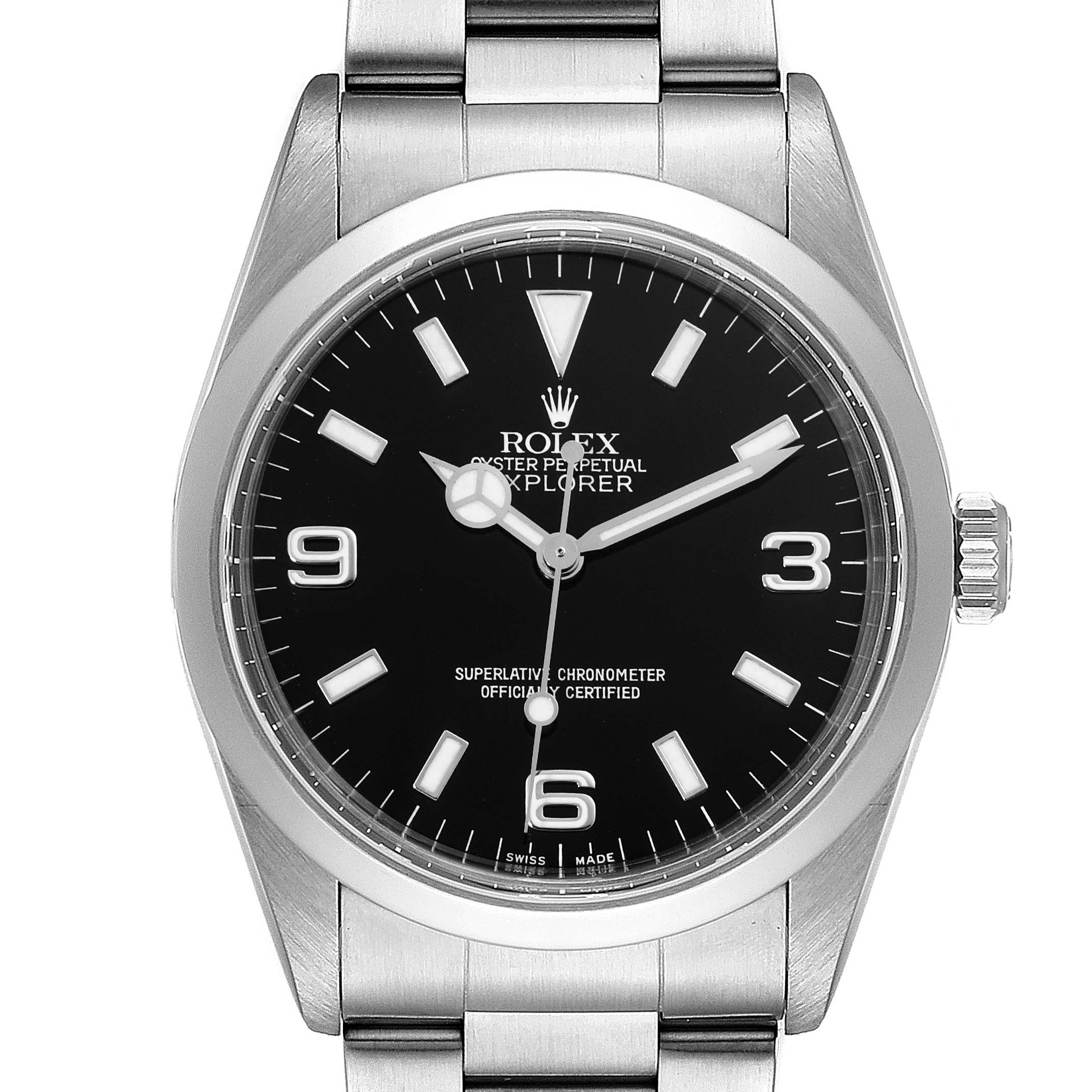 This image shows a frontal view of a Rolex Explorer 14270 Men's Stainless Steel Black Dial 14270 Men's Stainless Steel Black Dial watch, displaying its black dial, silver bracelet, and crown.