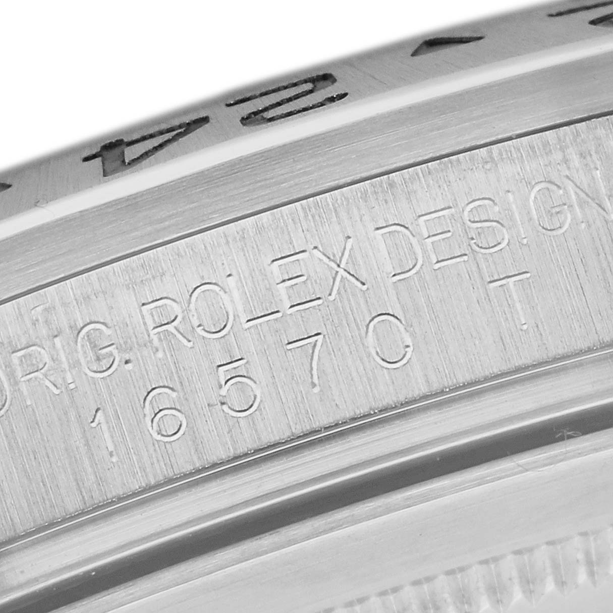 This close-up image shows the side and bezel of a Rolex Explorer 16570T Men's Stainless Steel Black Dial 16570T Men's Stainless Steel Black Dial watch, displaying the engraved model number and brand.