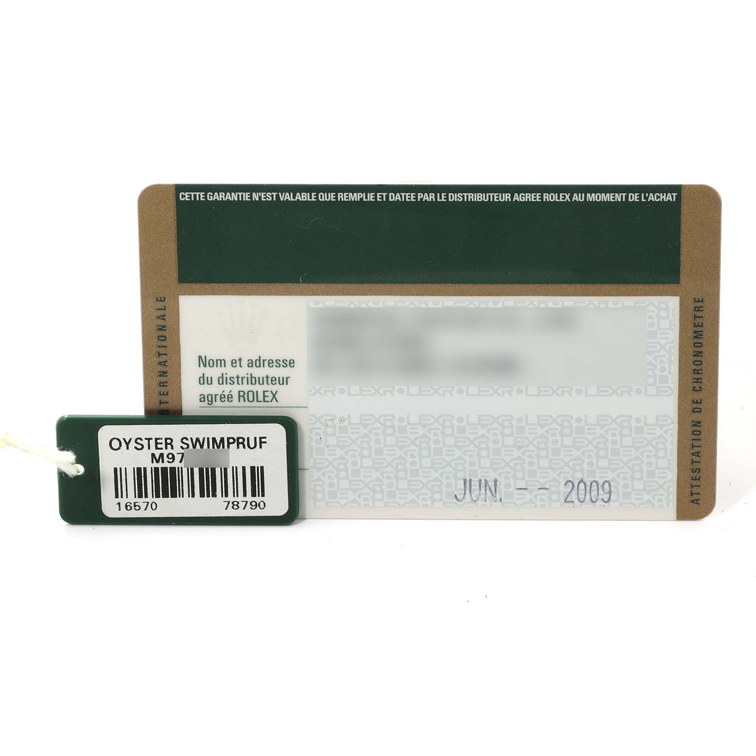 This image displays the warranty card and tag for a Rolex Explorer 16570T Men's Stainless Steel Black Dial 16570T Men's Stainless Steel Black Dial watch, highlighting the "Oyster Swimpruf" label.