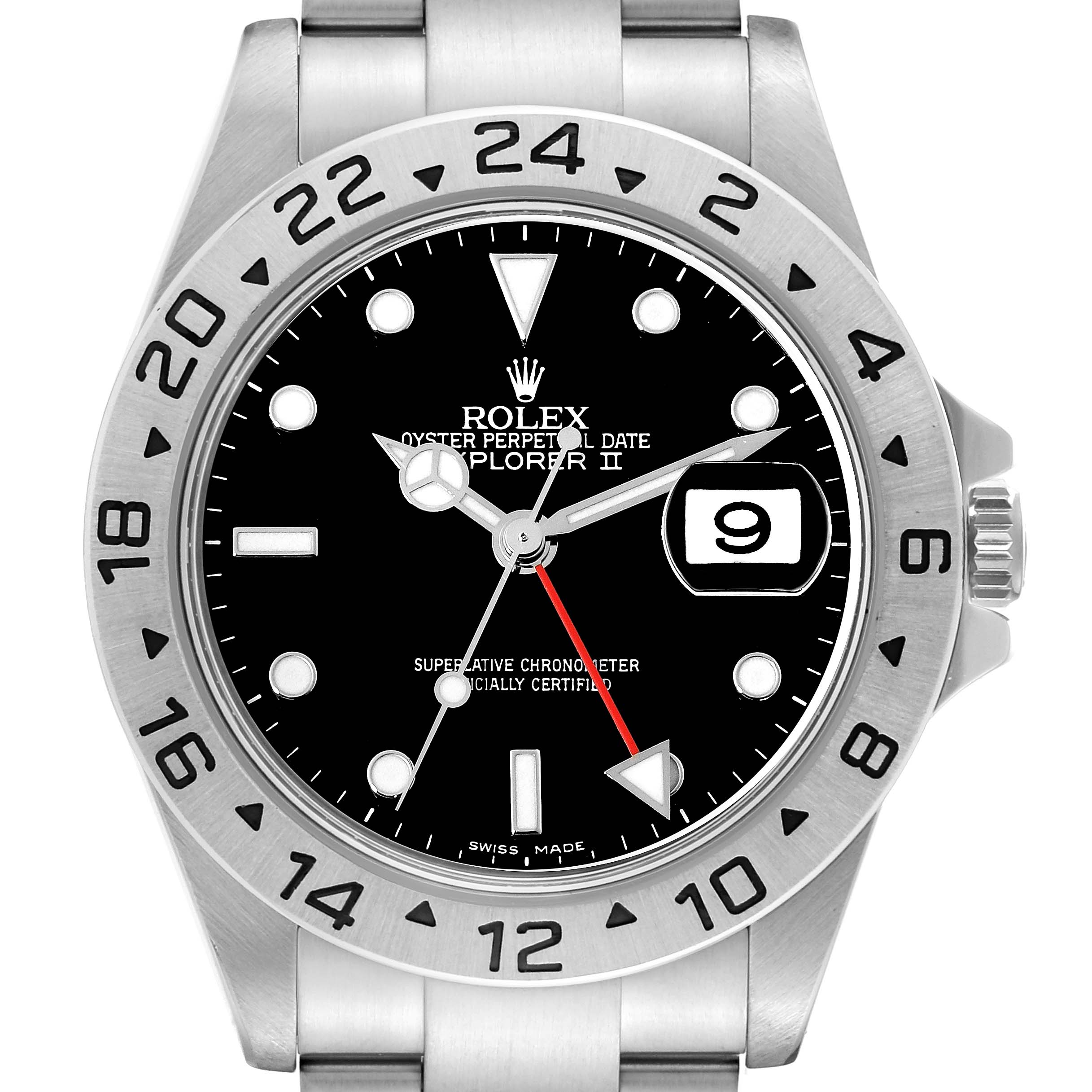 The image shows the front view of a Rolex Explorer 16570T Men's Stainless Steel Black Dial 16570T Men's Stainless Steel Black Dial watch, displaying its dial, bezel, crown, and part of the metal bracelet.