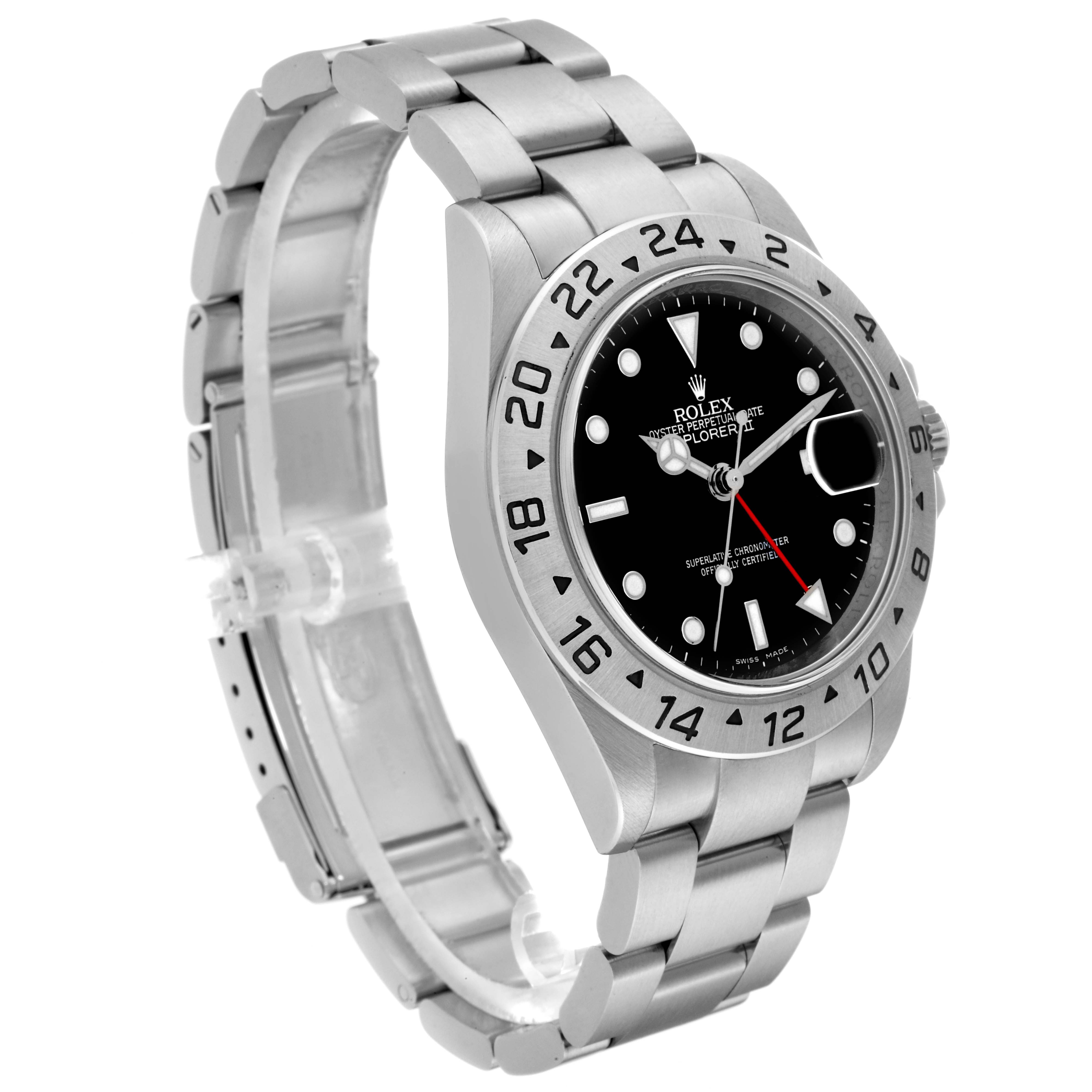 The image shows a side angle of the Rolex Explorer 16570T Men's Stainless Steel Black Dial 16570T Men's Stainless Steel Black Dial watch, focusing on the face, bezel, and metal bracelet.