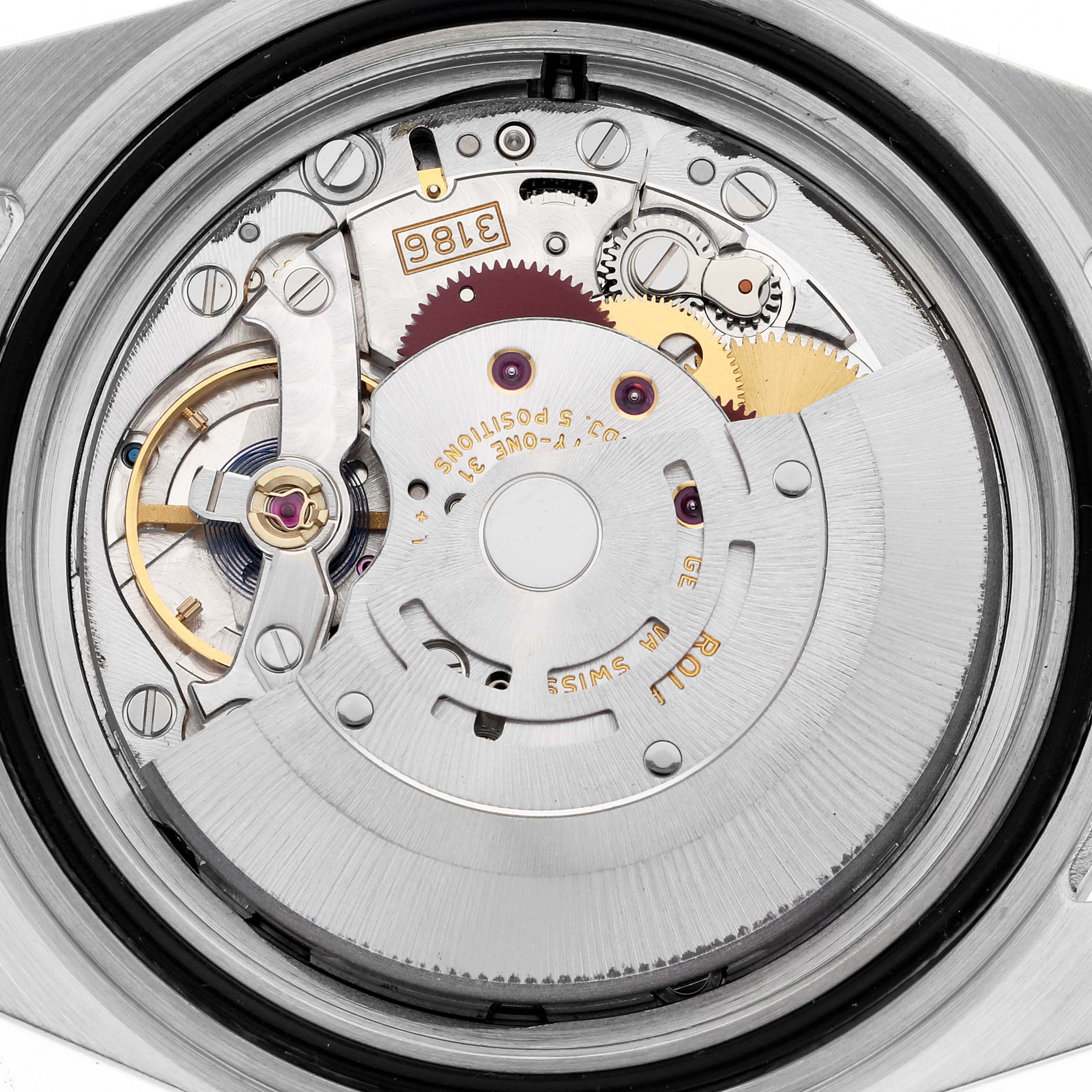 This image shows the movement mechanism of a Rolex Explorer 16570T Men's Stainless Steel Black Dial 16570T Men's Stainless Steel Black Dial watch from a top-down angle.