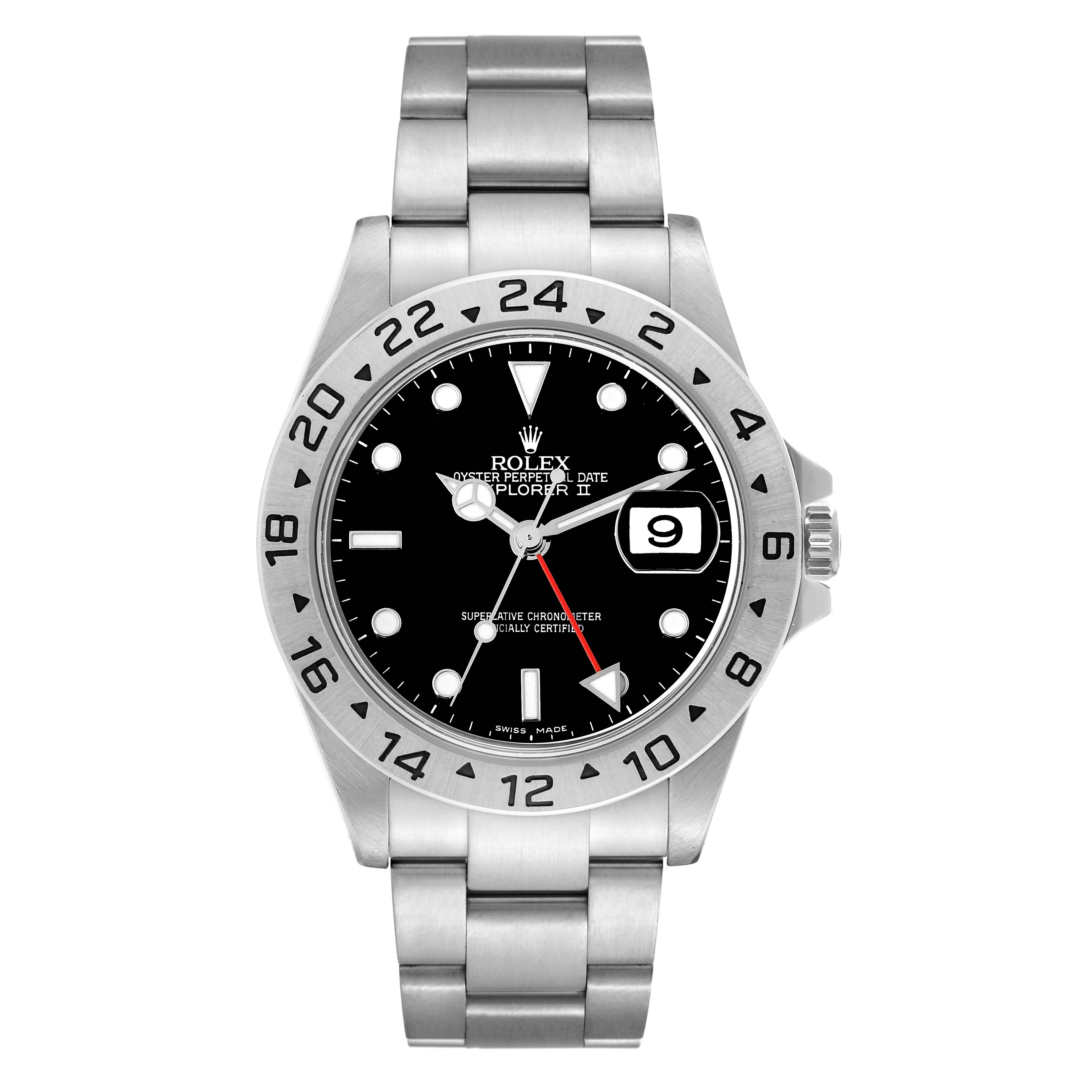 The image shows a front view of a Rolex Explorer 16570T Men's Stainless Steel Black Dial 16570T Men's Stainless Steel Black Dial watch, highlighting the dial, bezel, date window, and stainless steel bracelet.