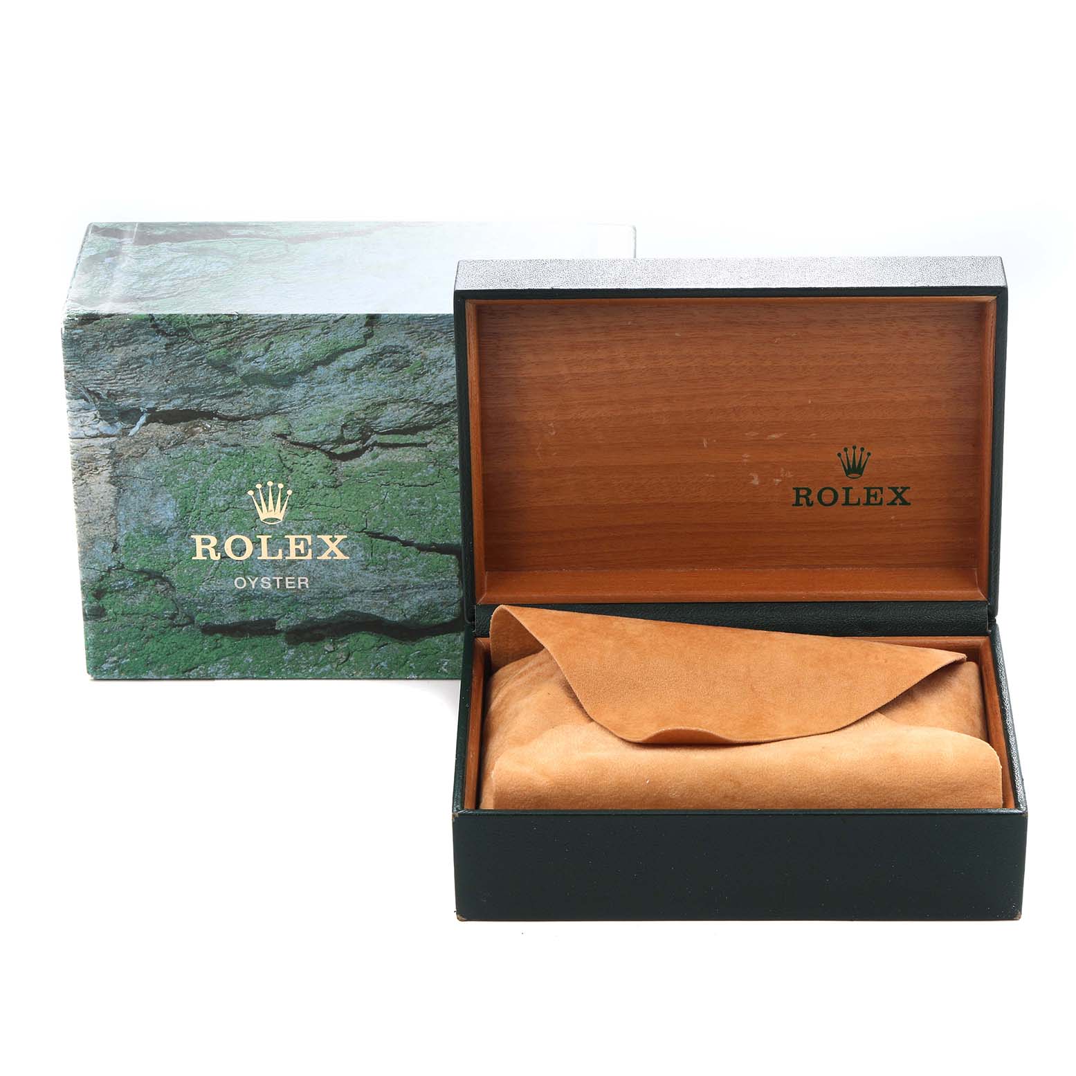 The image shows a Rolex GMT-Master 16700 Men's Stainless Steel Black Dial 16700 Men's Stainless Steel Black Dial watch box with the watch inside a suede pouch, viewed from the front.