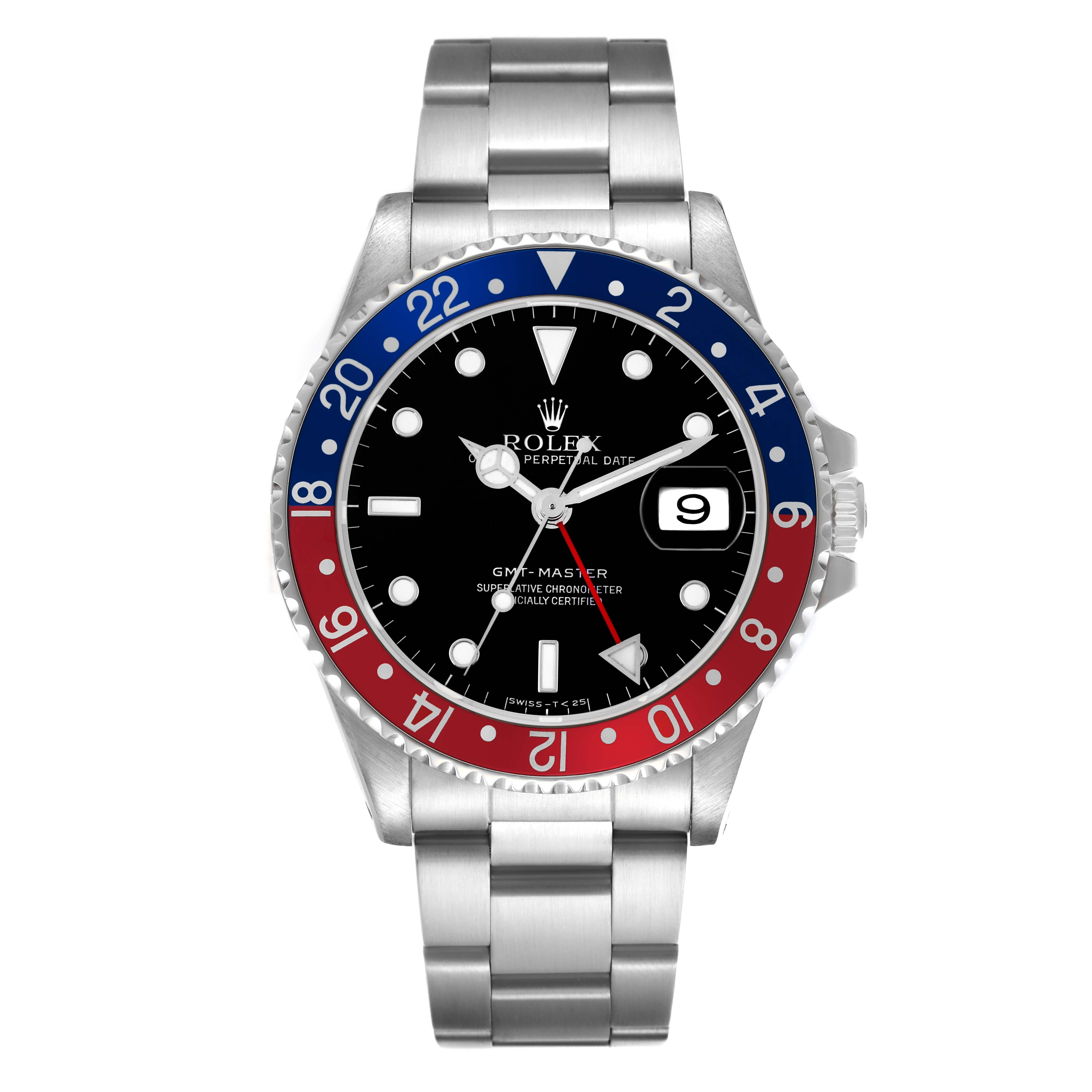 The Rolex GMT-Master 16700 Men's Stainless Steel Black Dial 16700 Men's Stainless Steel Black Dial watch is shown from the front, displaying the bezel, dial, and bracelet.
