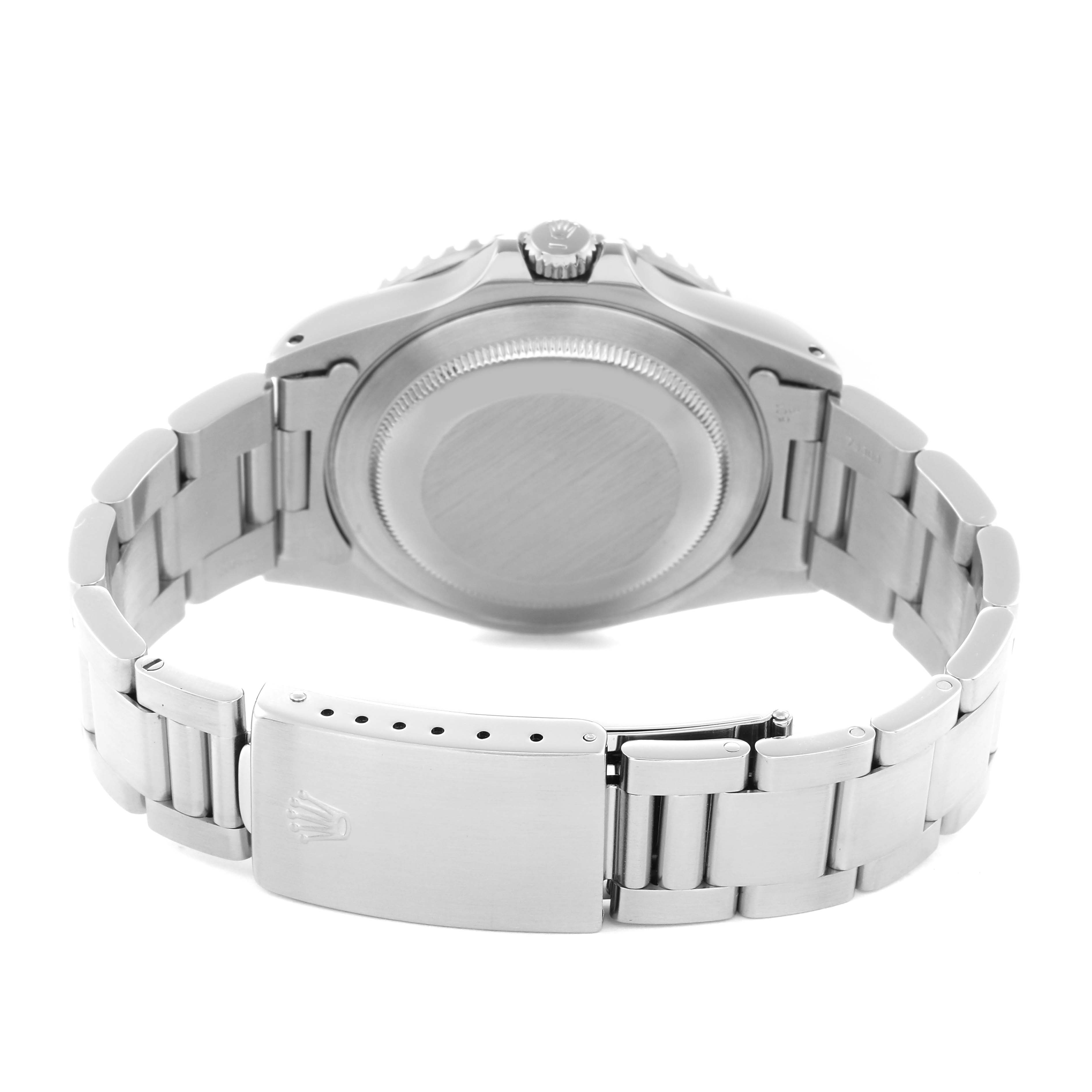 The image shows the back view of a Rolex GMT-Master 16700 Men's Stainless Steel Black Dial 16700 Men's Stainless Steel Black Dial, highlighting the case back, crown, and full bracelet with clasp.