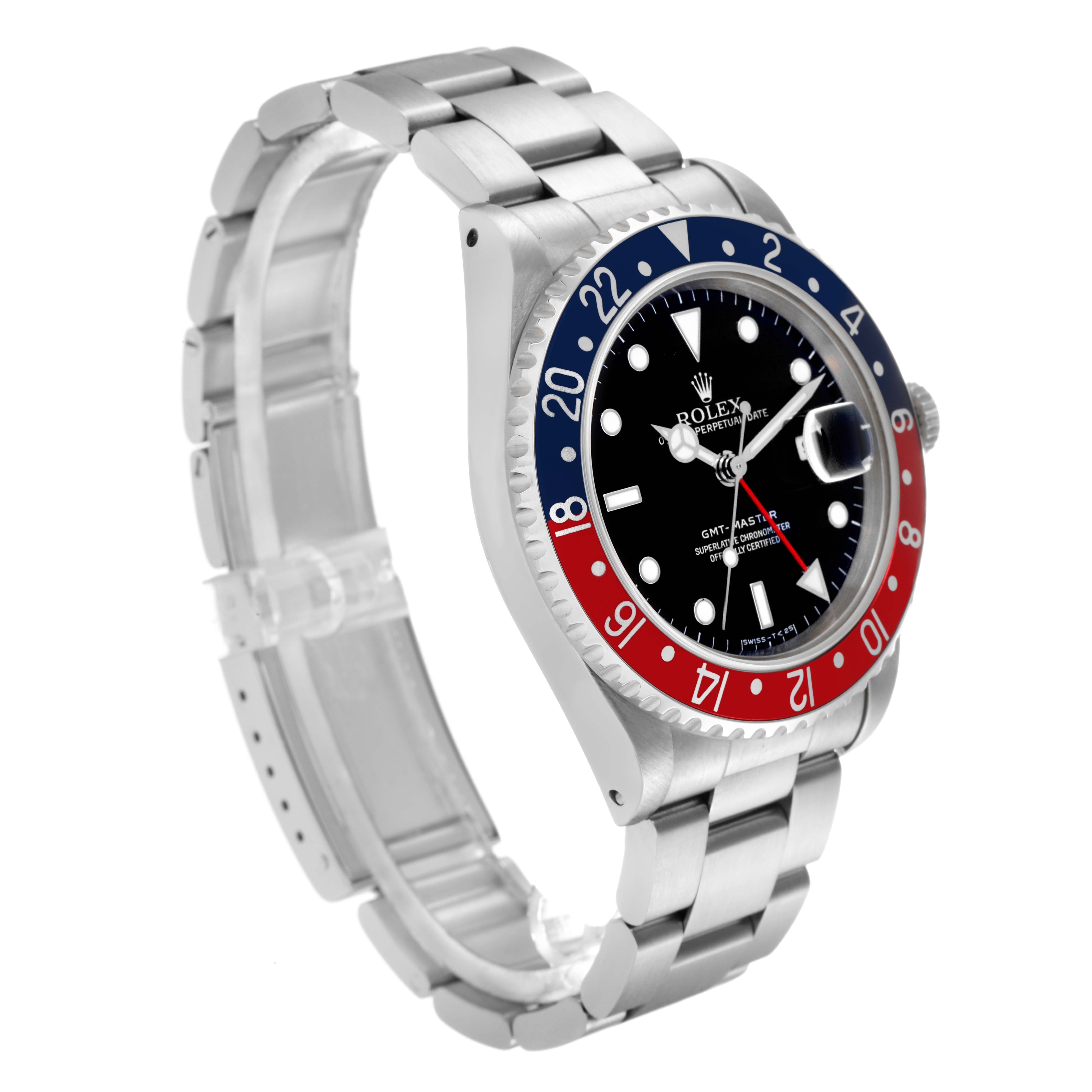 The Rolex GMT-Master 16700 Men's Stainless Steel Black Dial 16700 Men's Stainless Steel Black Dial watch is shown at a 3/4 angle, highlighting the bezel, dial, bracelet, and crown.