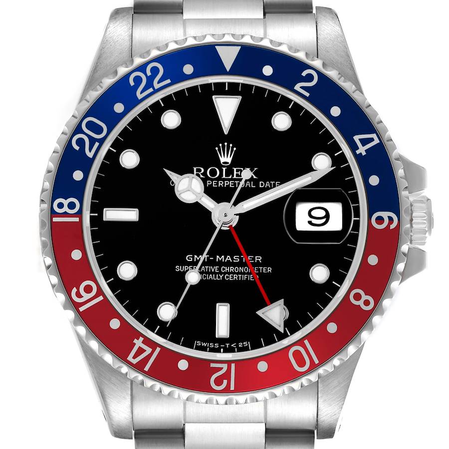 The Rolex GMT-Master watch is shown from the front, displaying the dial, bezel, and partial bracelet.