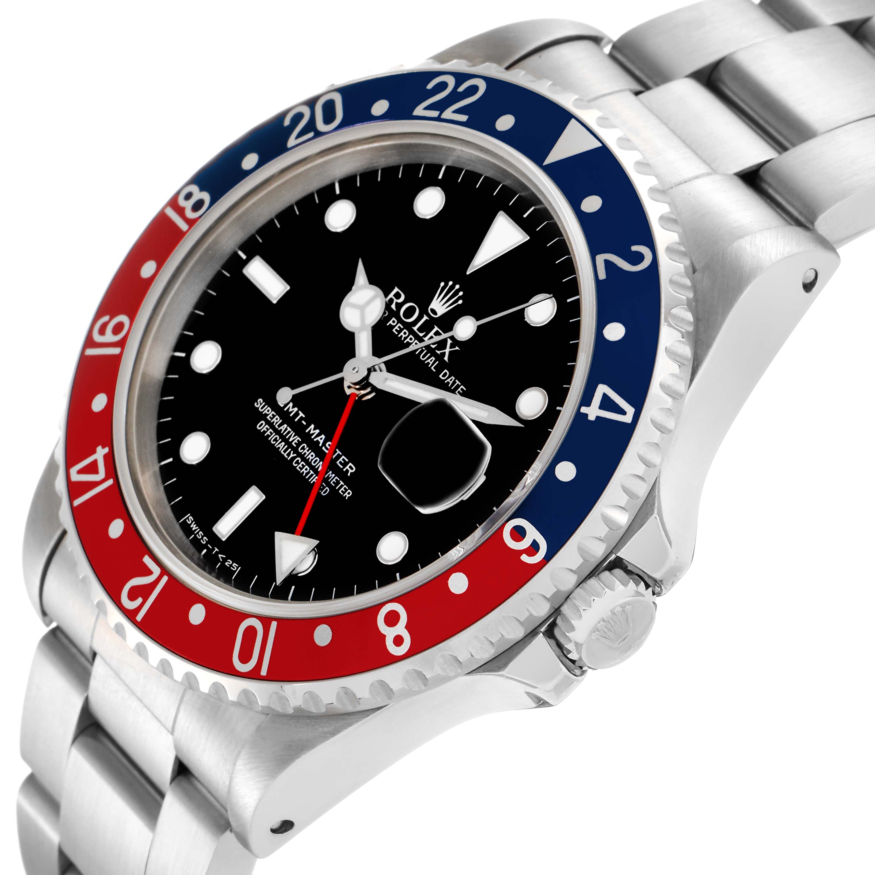 The Rolex GMT-Master 16700 Men's Stainless Steel Black Dial 16700 Men's Stainless Steel Black Dial watch is shown at an angled side view, displaying the bezel, crown, dial, and part of the bracelet.