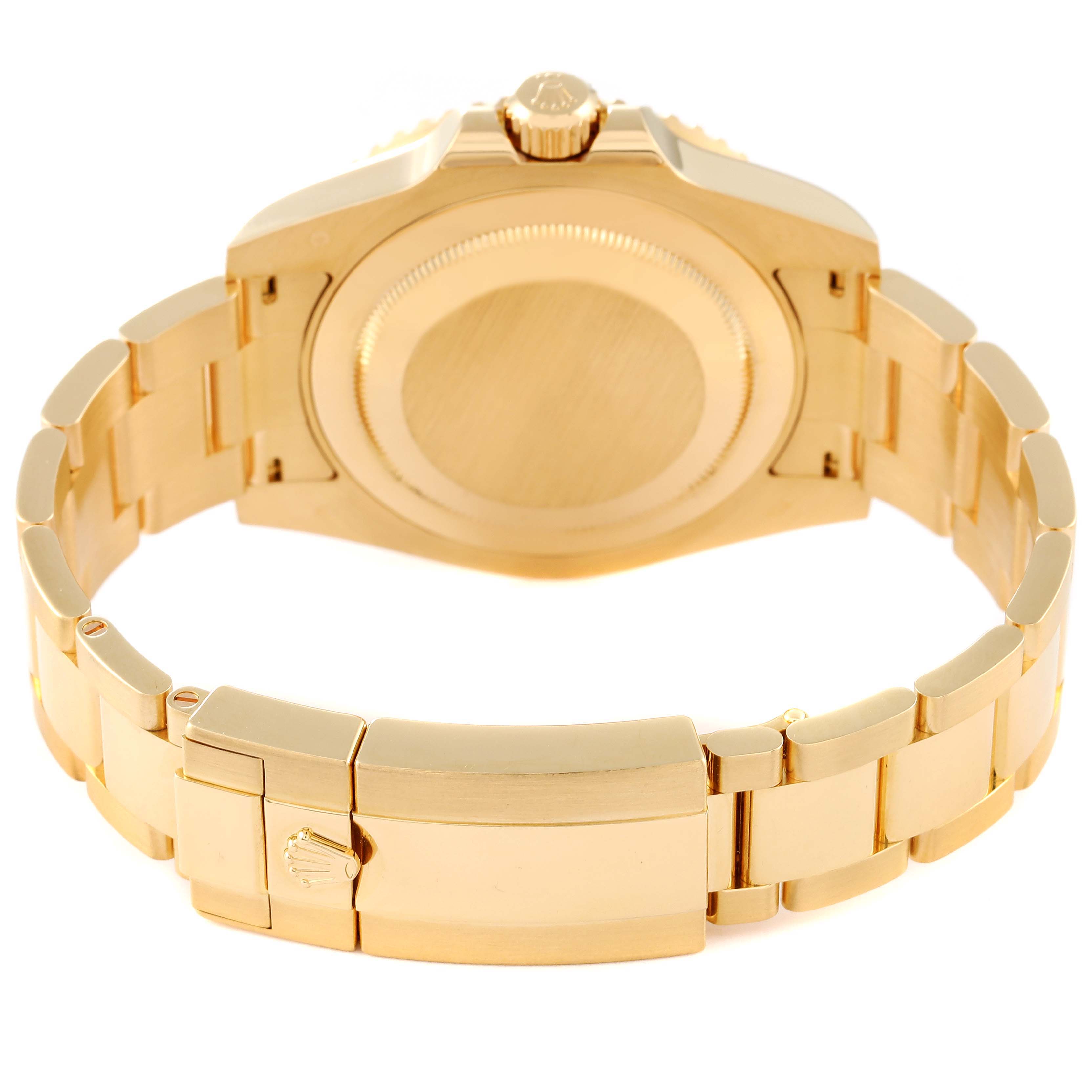 This image shows the back view of a Rolex GMT-Master 116718 Men's Yellow Gold Green Dial 116718 Men's Yellow Gold Green Dial watch, focusing on the clasp and bracelet.