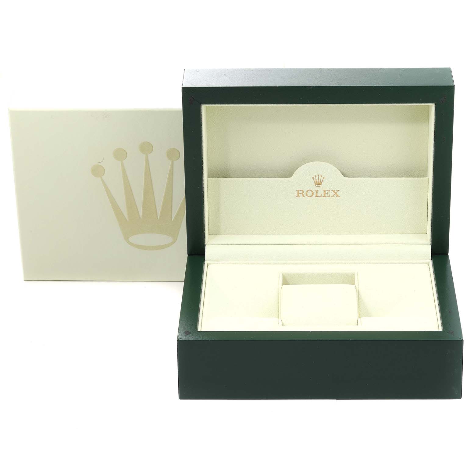 The image shows the open box for a Rolex GMT-Master 116718 Men's Yellow Gold Green Dial 116718 Men's Yellow Gold Green Dial watch, with the brand's logo and name on the interior.