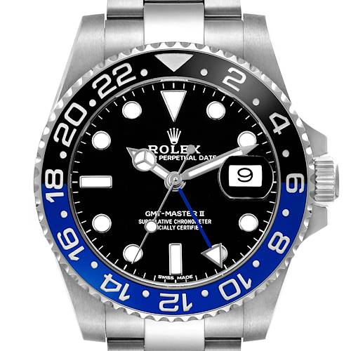 The Rolex GMT-Master 116710BLNR Men's Stainless Steel Black Dial watch is shown from a front view, displaying the bezel, dial, hands, and crown.