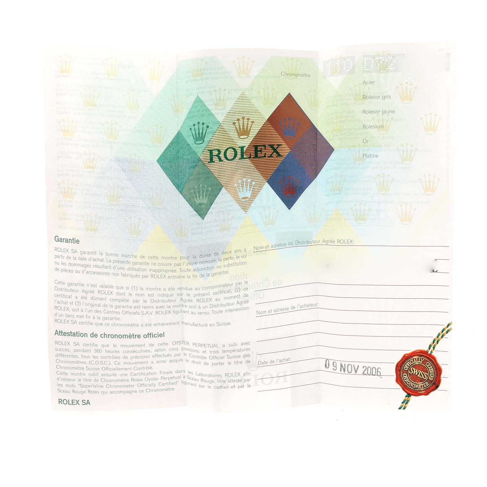 The image shows the warranty and certification paperwork for a Rolex GMT-Master 16710 Men
s Stainless Steel Black Dial 16710 Men
s Stainless Steel Black Dial watch.