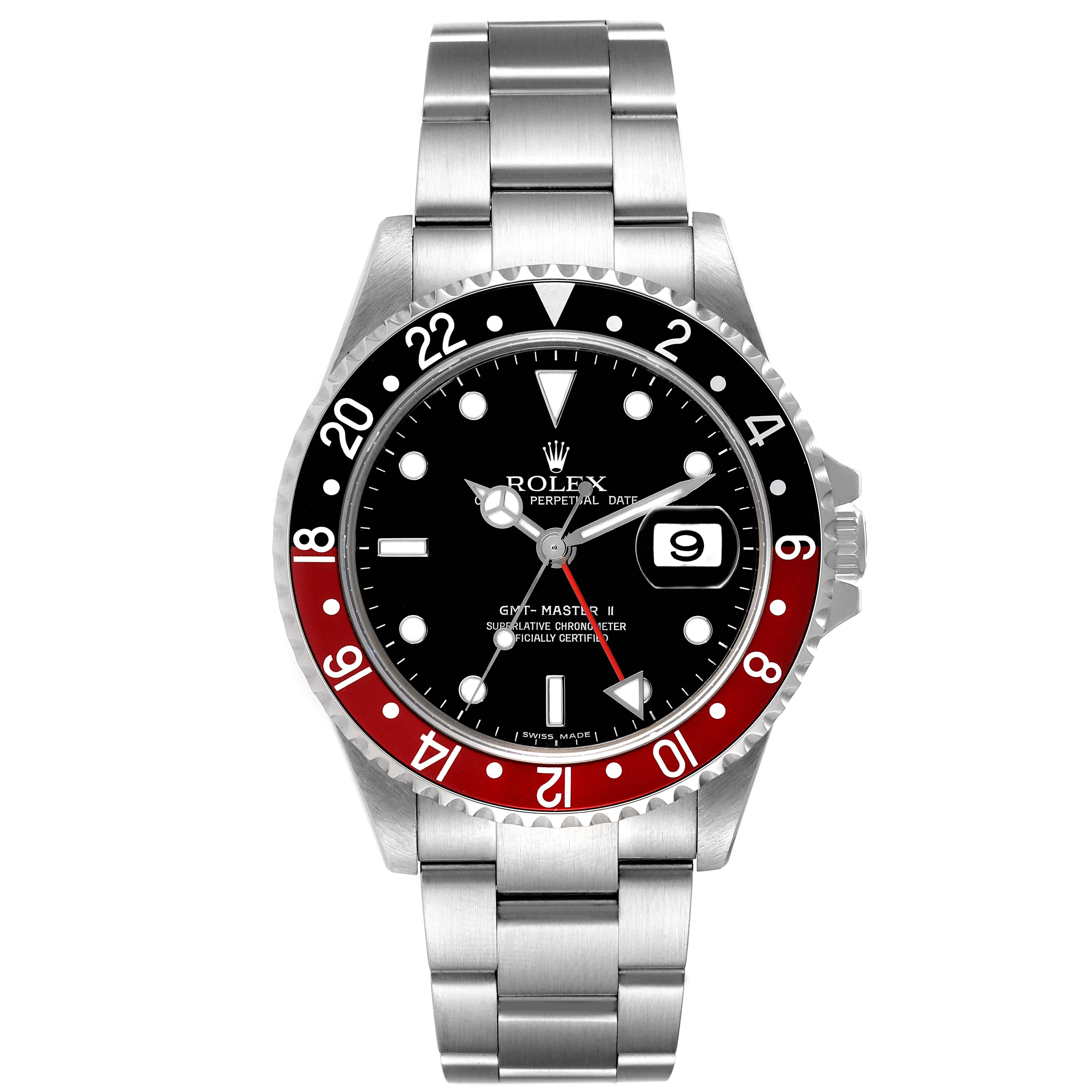 The Rolex GMT-Master 16710 Men
s Stainless Steel Black Dial 16710 Men
s Stainless Steel Black Dial watch is shown from a front angle, displaying its bezel, dial, hands, and bracelet.
