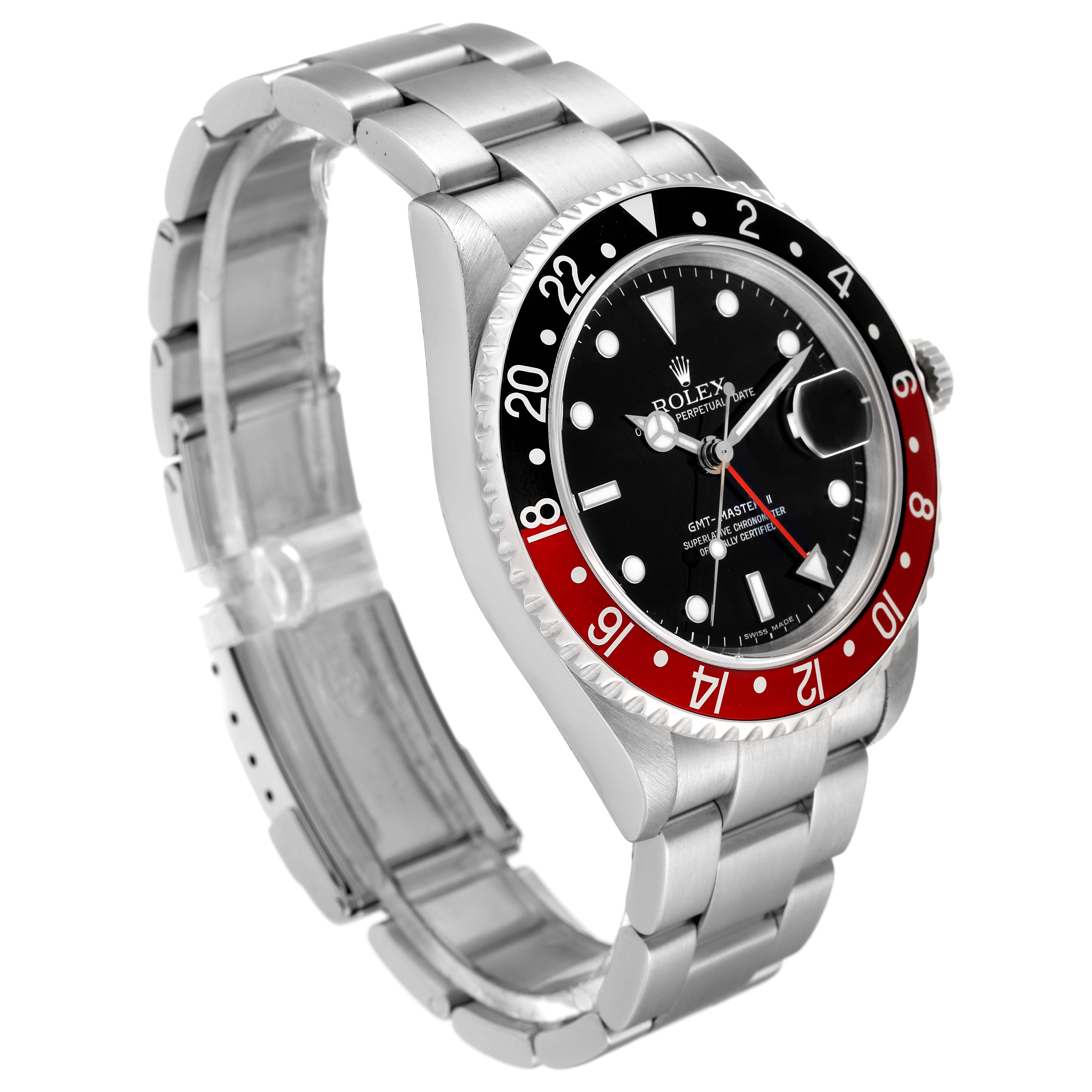 The Rolex GMT-Master 16710 Men
s Stainless Steel Black Dial 16710 Men
s Stainless Steel Black Dial watch is shown at a three-quarter angle, highlighting the bezel, dial, bracelet, and crown.