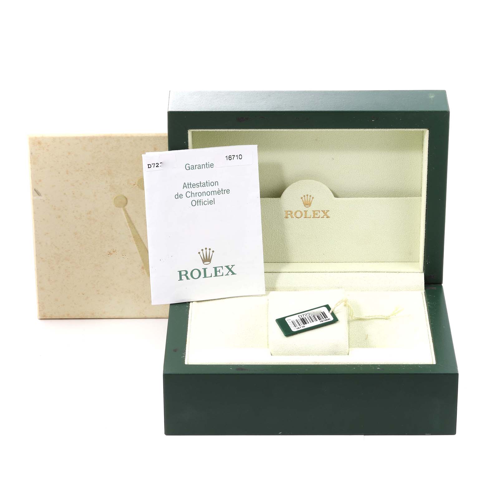 The image shows a Rolex GMT-Master 16710 Men
s Stainless Steel Black Dial 16710 Men
s Stainless Steel Black Dial watch box, open to display the interior, along with a guarantee booklet and a hang tag.