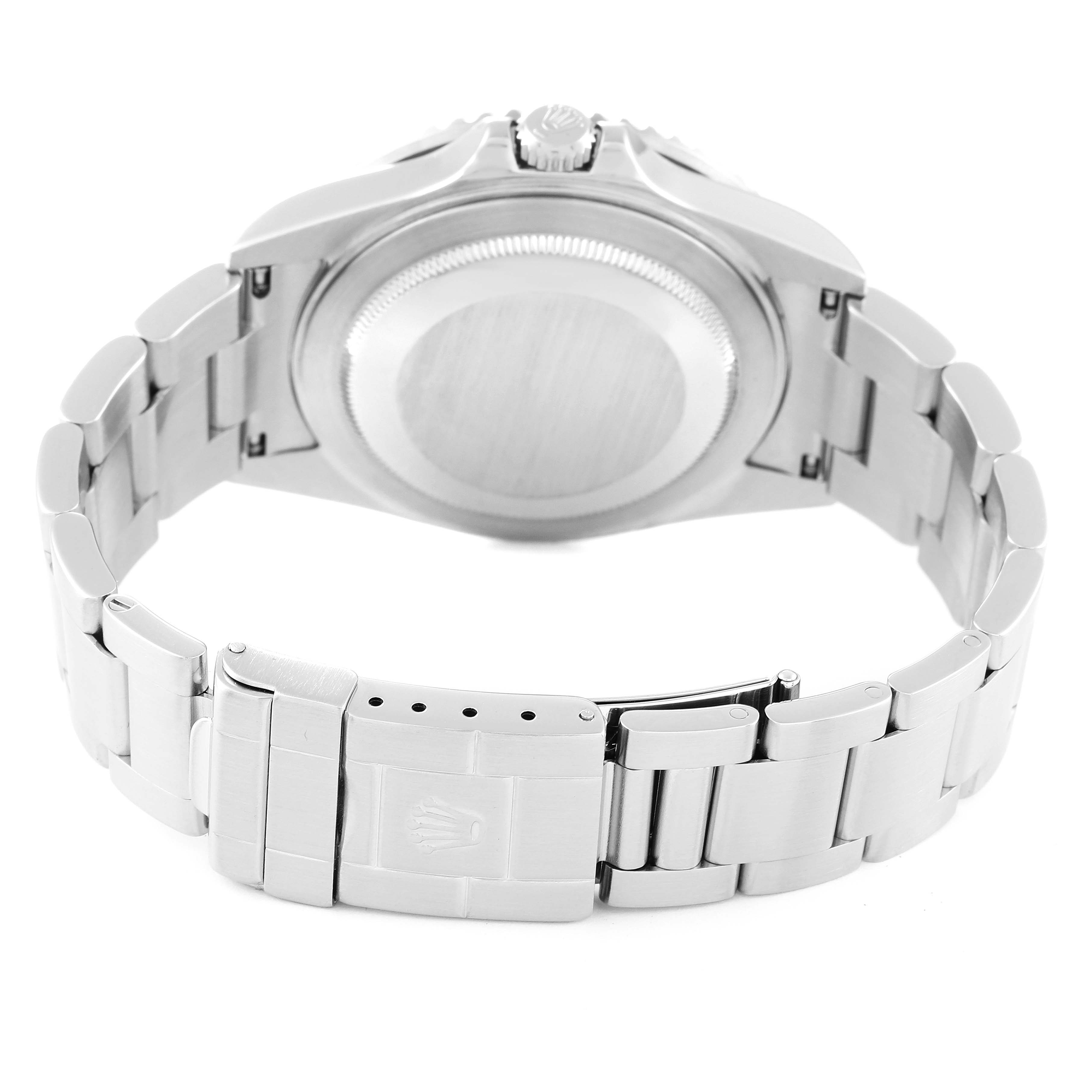 This image shows the stainless steel Rolex GMT-Master 16710 Men
s Stainless Steel Black Dial 16710 Men
s Stainless Steel Black Dial from a back angle, revealing the case back and clasp.