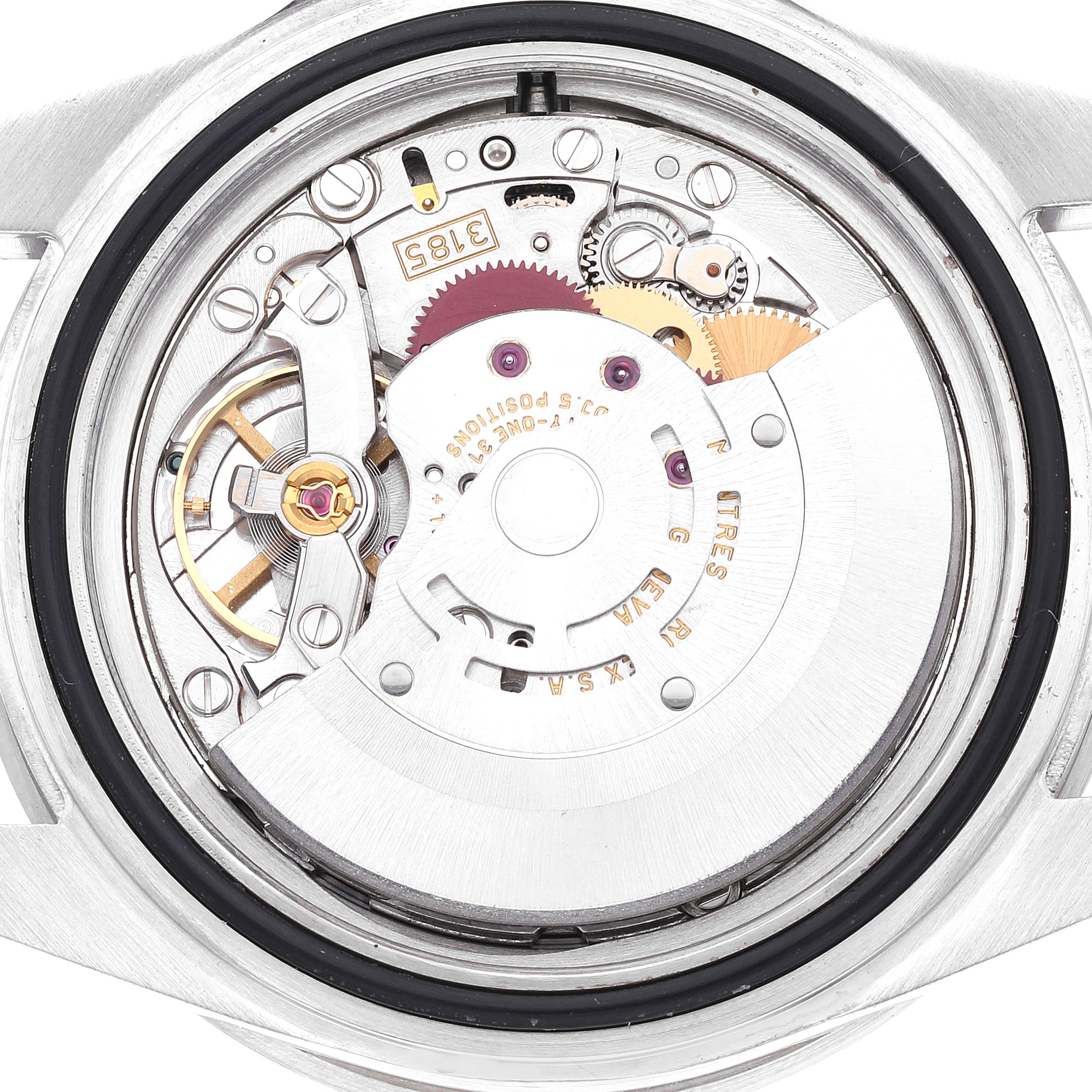 This image shows the internal mechanism of the Rolex GMT-Master 16710 Men
s Stainless Steel Black Dial 16710 Men
s Stainless Steel Black Dial watch, showcasing gears, screws, and the detailed watch movement.