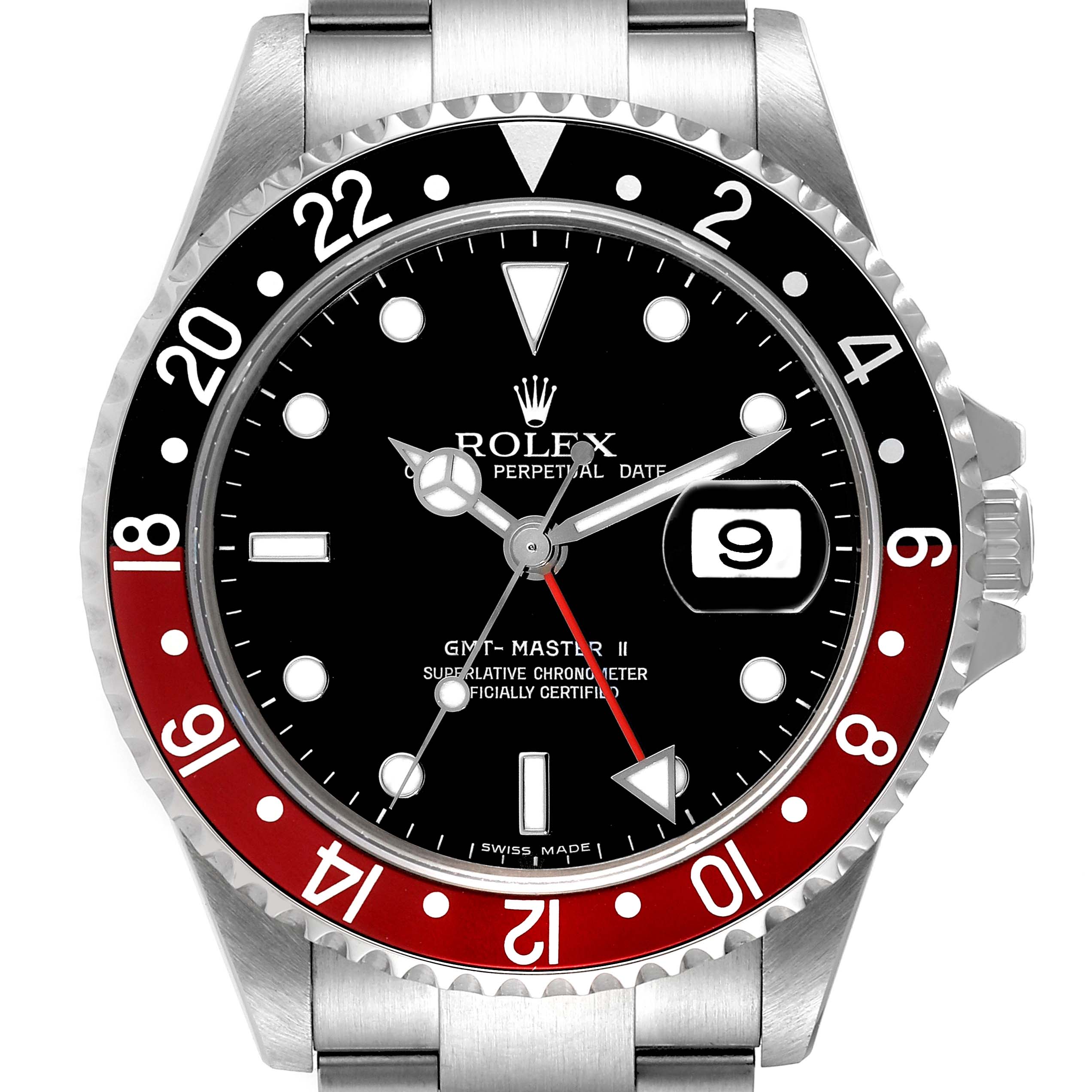 The image shows the front view of the Rolex GMT-Master 16710 Men
s Stainless Steel Black Dial 16710 Men
s Stainless Steel Black Dial II watch, focusing on the dial and half of the bezel.