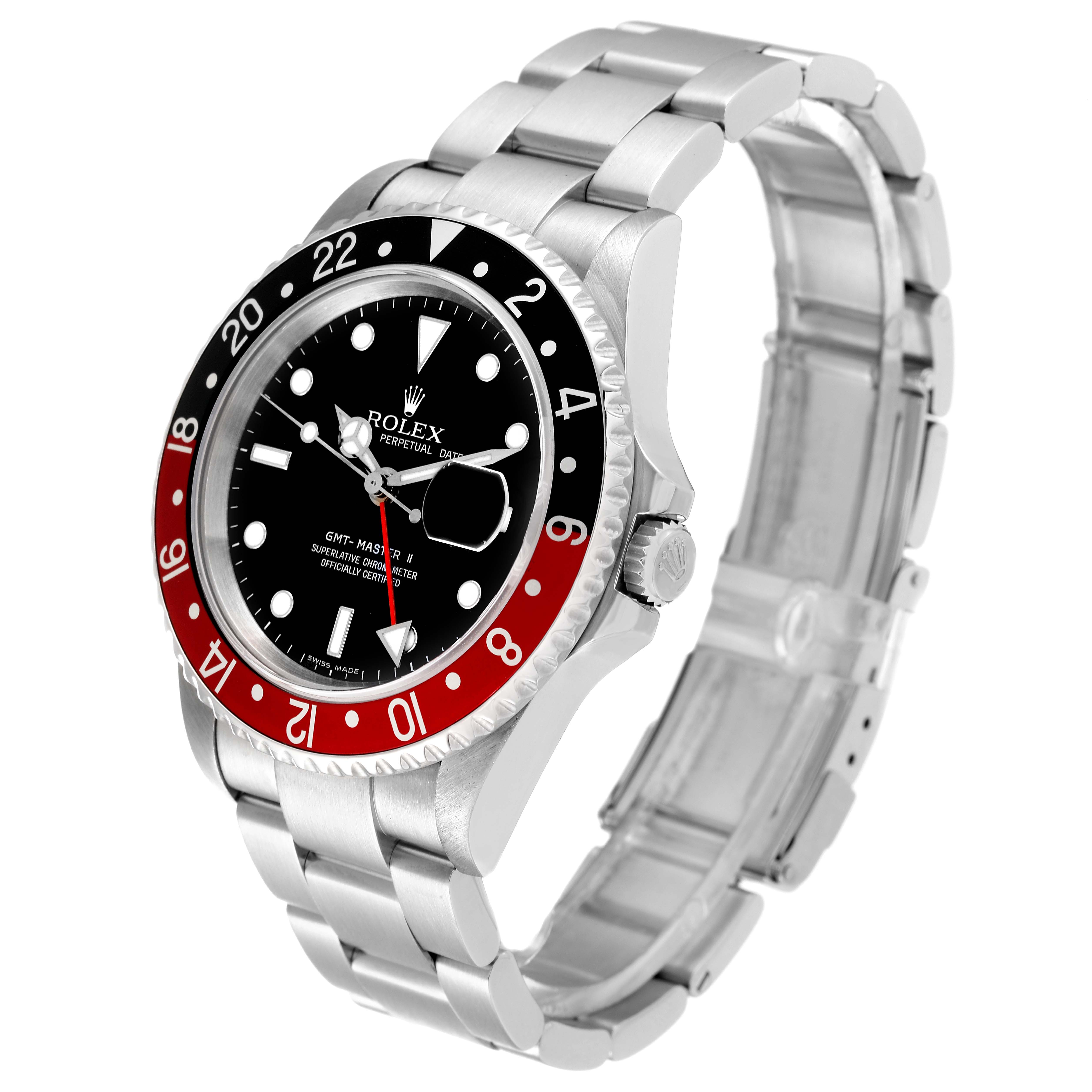 This image shows a side angle of the Rolex GMT-Master 16710 Men
s Stainless Steel Black Dial 16710 Men
s Stainless Steel Black Dial watch, highlighting its bezel, dial, and bracelet.