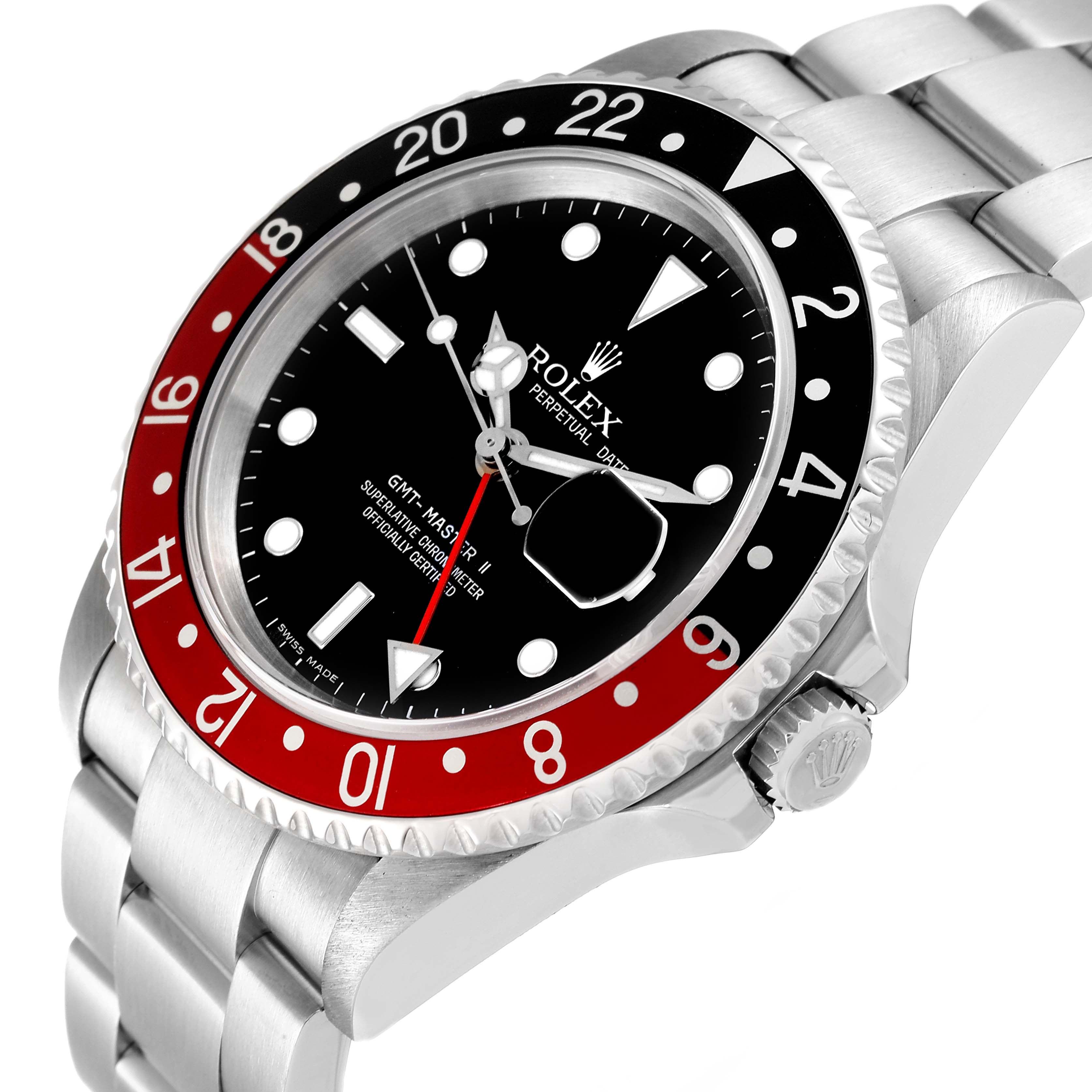 This image shows a Rolex GMT-Master 16710 Men
s Stainless Steel Black Dial 16710 Men
s Stainless Steel Black Dial watch at an oblique angle, highlighting the bezel, dial, and bracelet.
