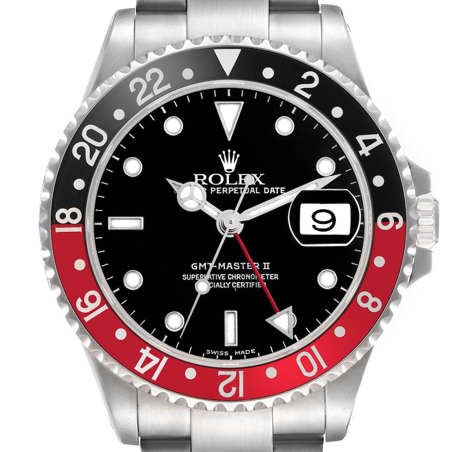 The image shows a front view of a Rolex GMT-Master II watch, highlighting the bezel, dial, crown, and date window.