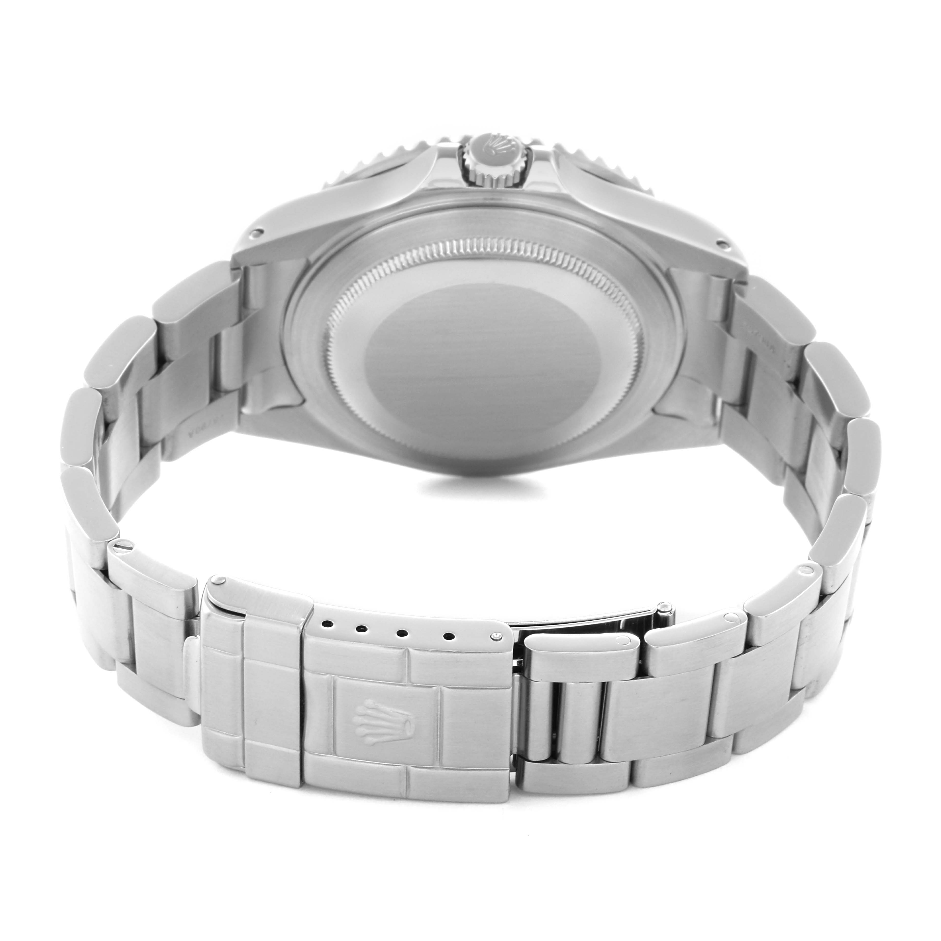 The image shows the back view of a Rolex GMT-Master 16710 Men's Stainless Steel Black Dial 16710 Men's Stainless Steel Black Dial watch, focusing on the case back, crown, and bracelet clasp.