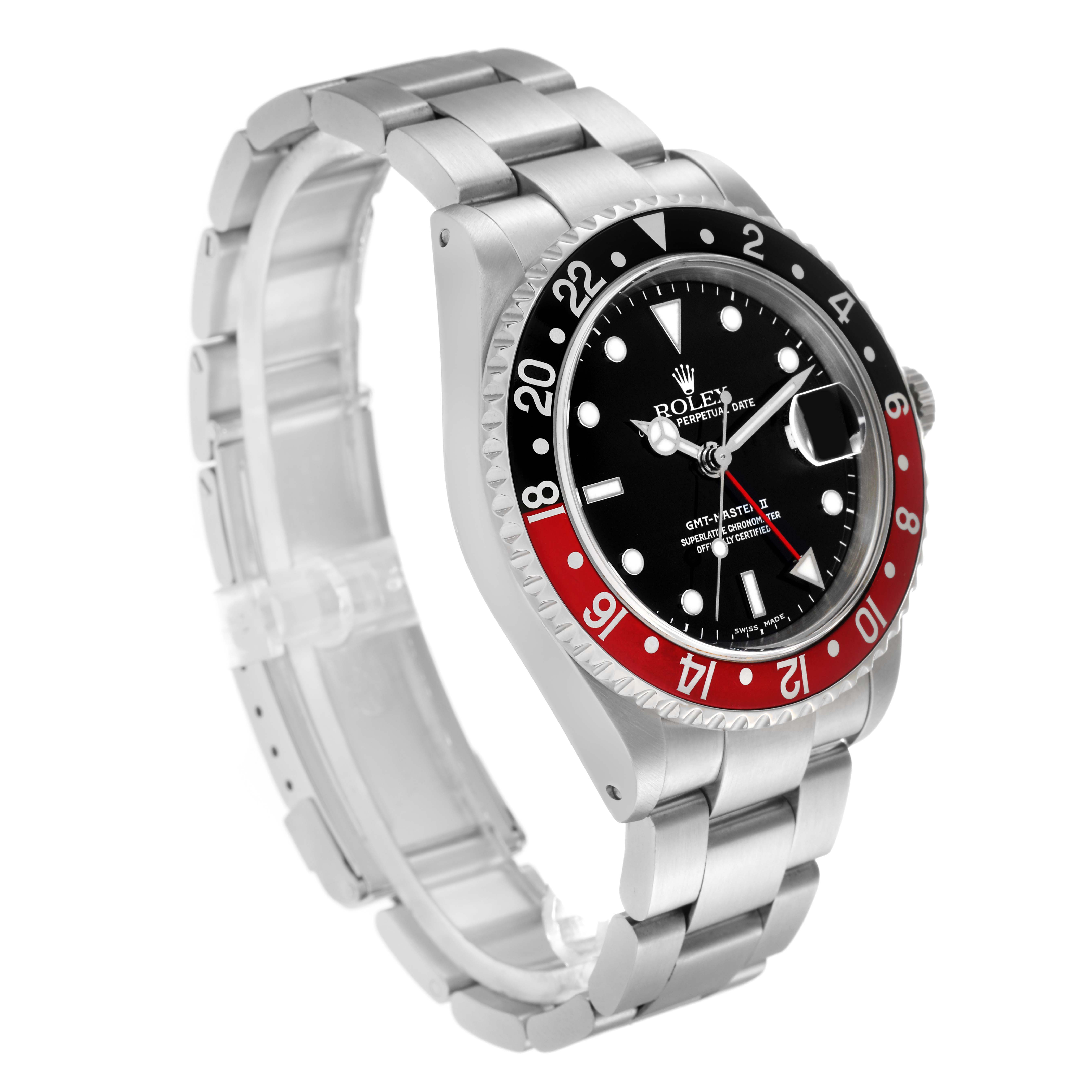 The image shows a Rolex GMT-Master 16710 Men's Stainless Steel Black Dial 16710 Men's Stainless Steel Black Dial watch at a three-quarter angle displaying its black and red bezel, dial, and bracelet.