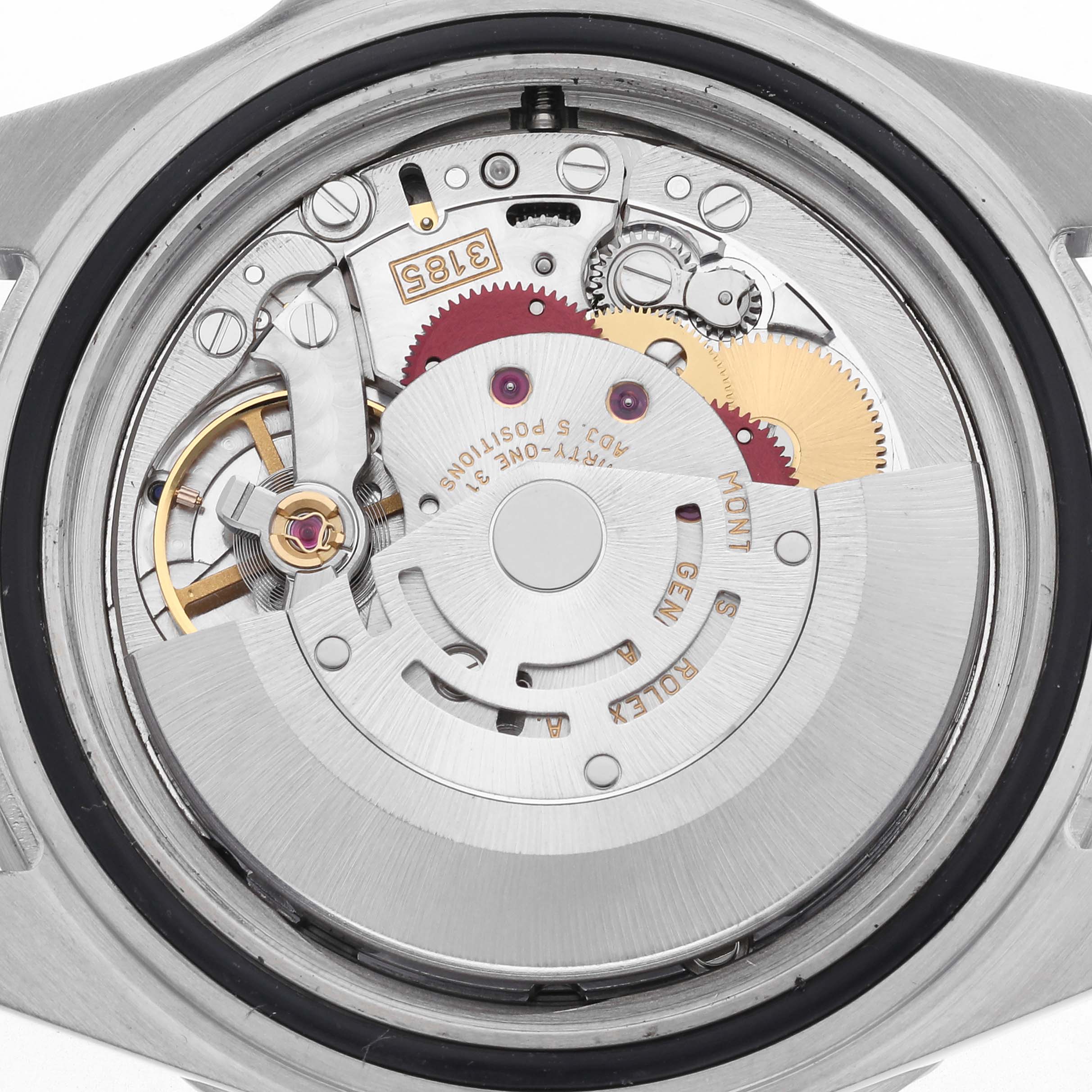 The image shows the internal movement of a Rolex GMT-Master 16710 Men's Stainless Steel Black Dial 16710 Men's Stainless Steel Black Dial watch, viewed from the back.