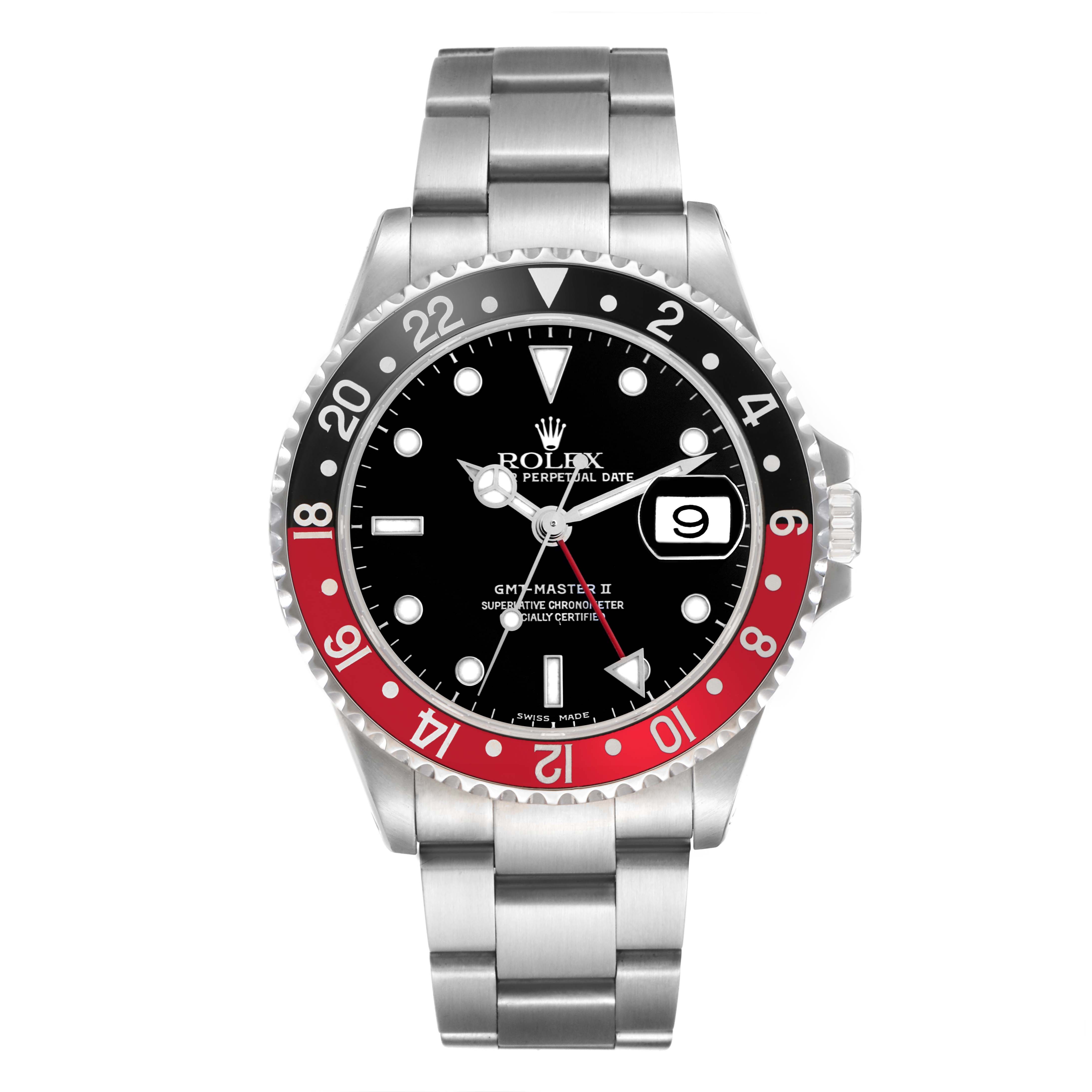 The Rolex GMT-Master 16710 Men's Stainless Steel Black Dial 16710 Men's Stainless Steel Black Dial II watch is shown from the front, displaying the dial, bezel, bracelet, and crown.