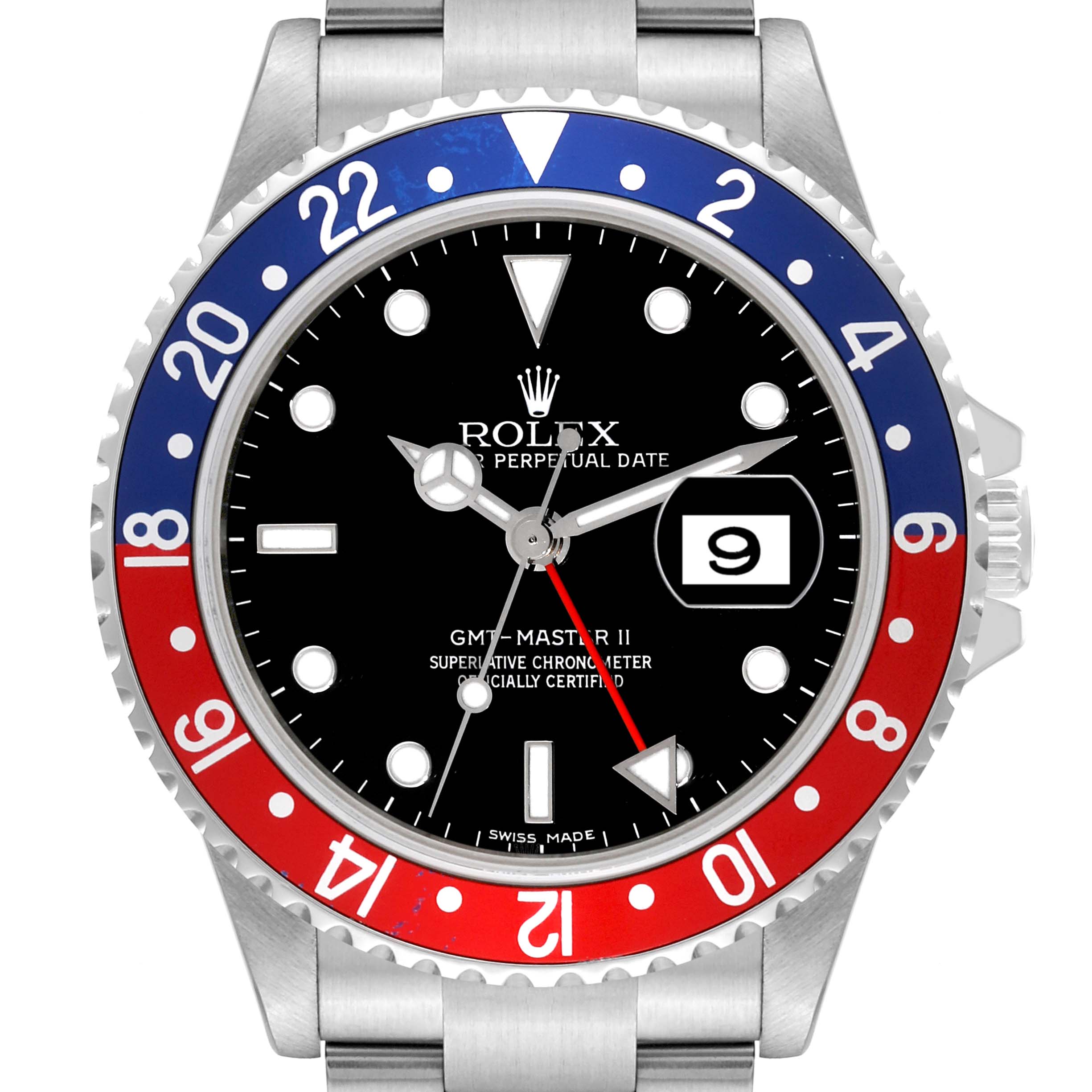 This image shows a front view of the Rolex GMT-Master 16710 Men's Stainless Steel Black Dial 16710 Men's Stainless Steel Black Dial II watch, highlighting its bezel, dial, and date window.