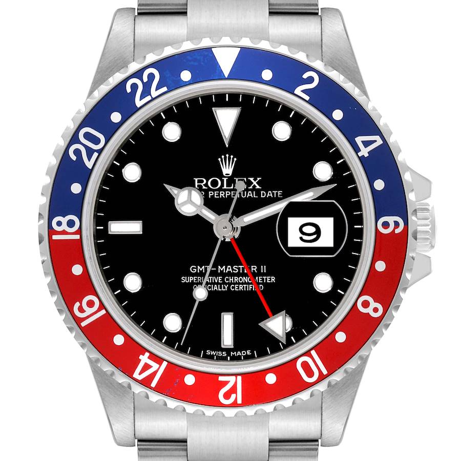 This image shows a front view of the Rolex GMT-Master II watch, highlighting its bezel, dial, and date window.