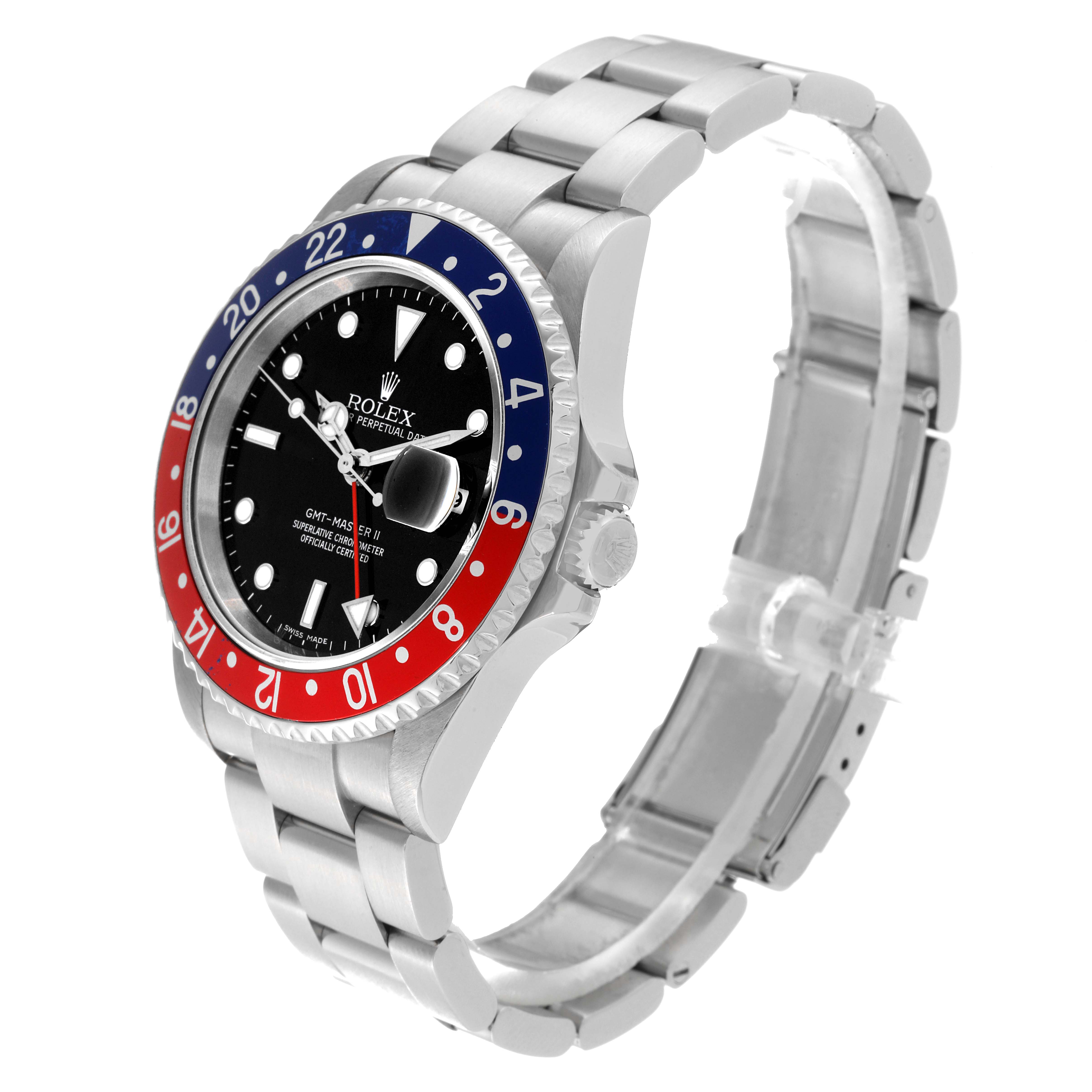 The Rolex GMT-Master 16710 Men's Stainless Steel Black Dial 16710 Men's Stainless Steel Black Dial watch is shown at an angle highlighting its face, bezel, crown, and bracelet.