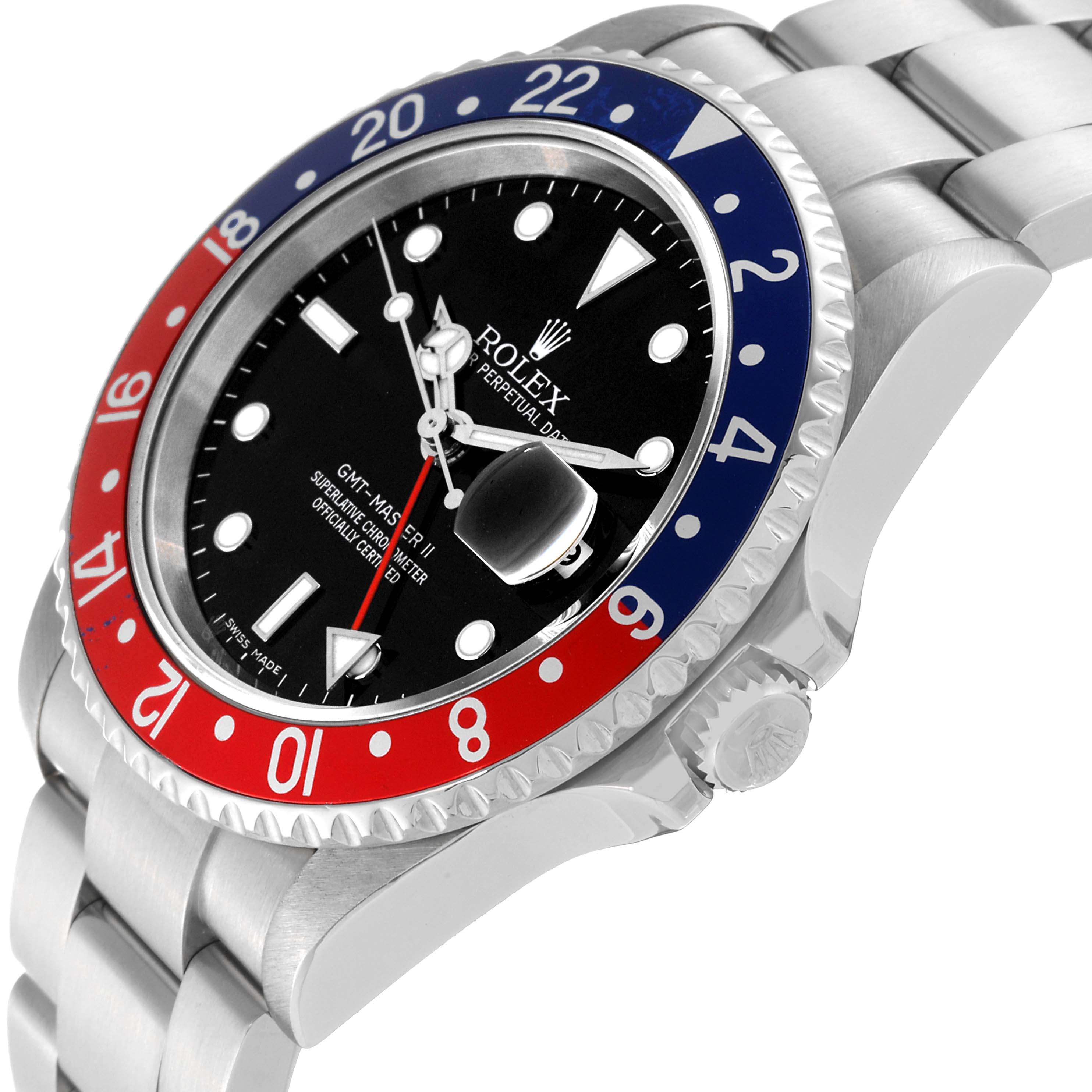 The Rolex GMT-Master 16710 Men's Stainless Steel Black Dial 16710 Men's Stainless Steel Black Dial watch is shown at a side angle, highlighting the bezel, crown, dial, and bracelet.