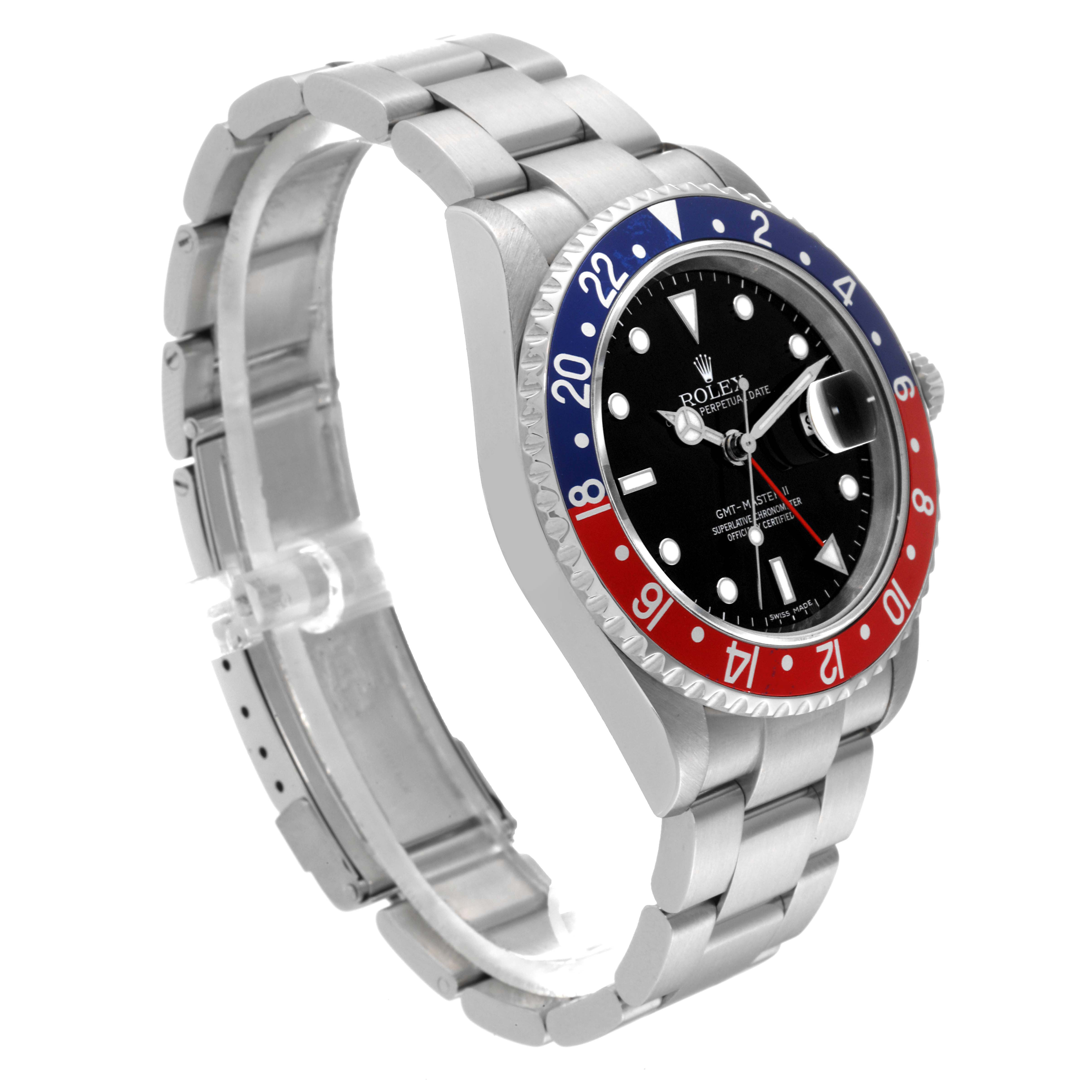 The Rolex GMT-Master 16710 Men's Stainless Steel Black Dial 16710 Men's Stainless Steel Black Dial watch is shown from a side angle, displaying the bracelet, bezel, and partial dial.