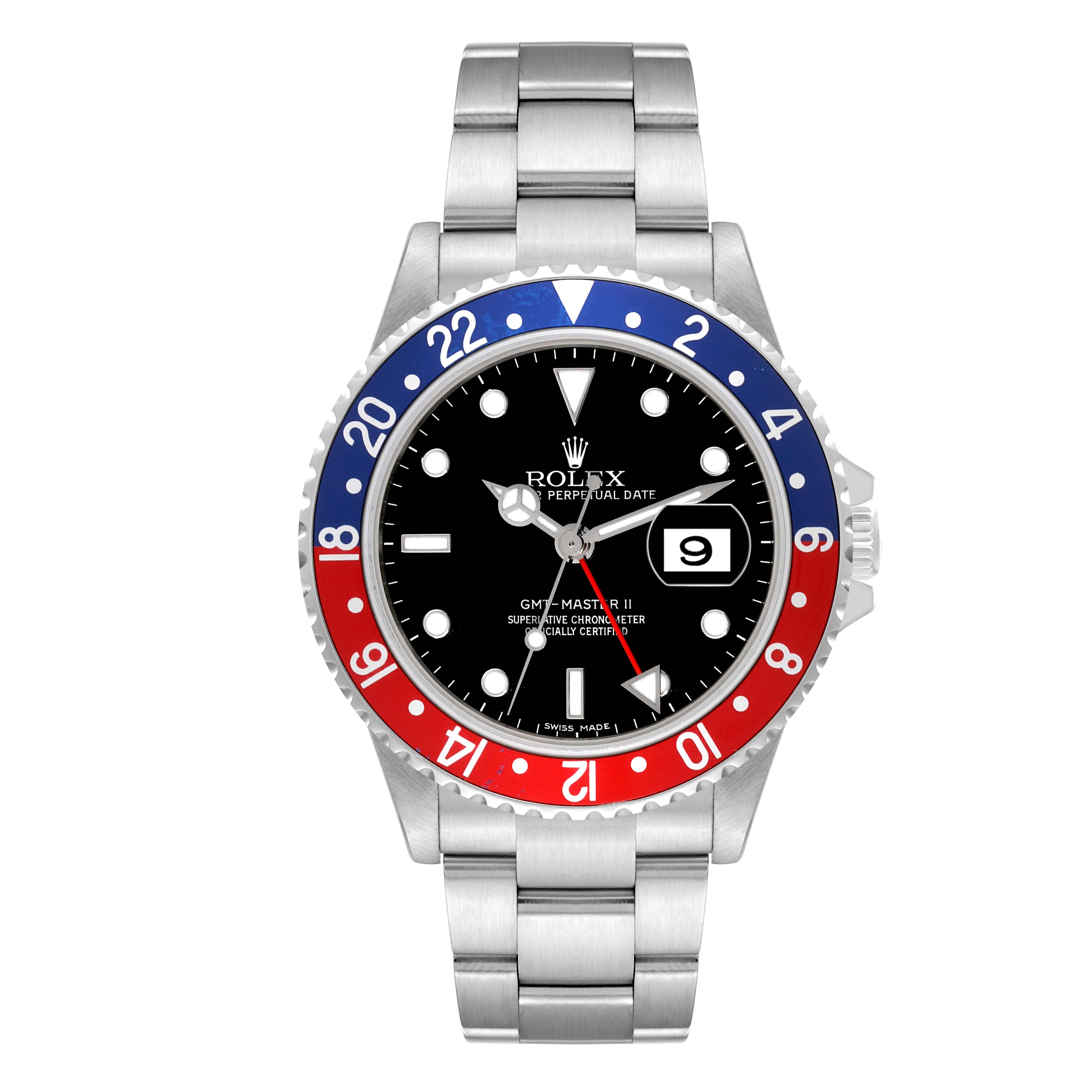 The image shows a Rolex GMT-Master 16710 Men's Stainless Steel Black Dial 16710 Men's Stainless Steel Black Dial II watch with a Pepsi bezel, displaying the front face and bracelet.