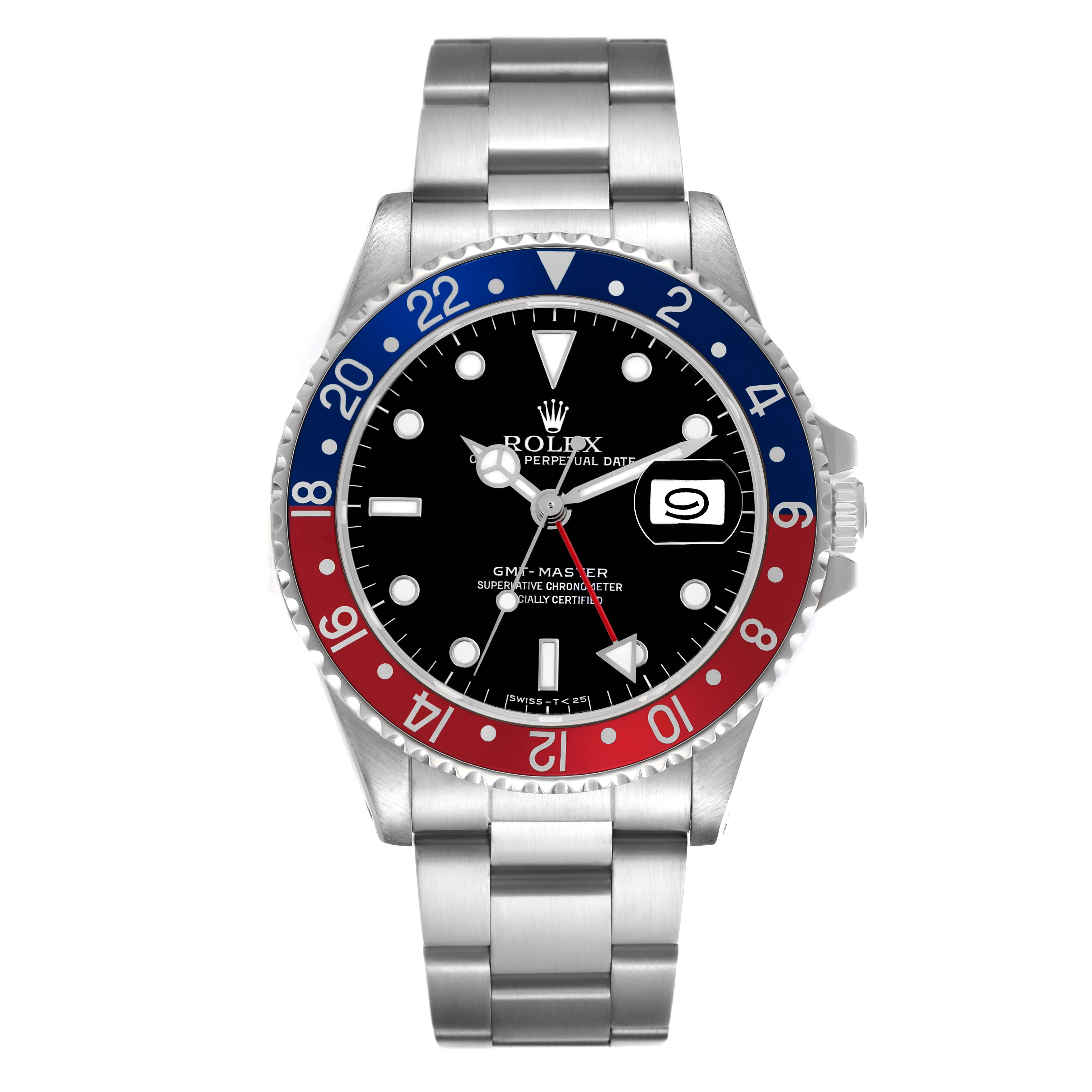 The image shows a frontal view of the Rolex GMT-Master 16700 Men's Stainless Steel Black Dial 16700 Men's Stainless Steel Black Dial, highlighting the bezel, face, and bracelet.