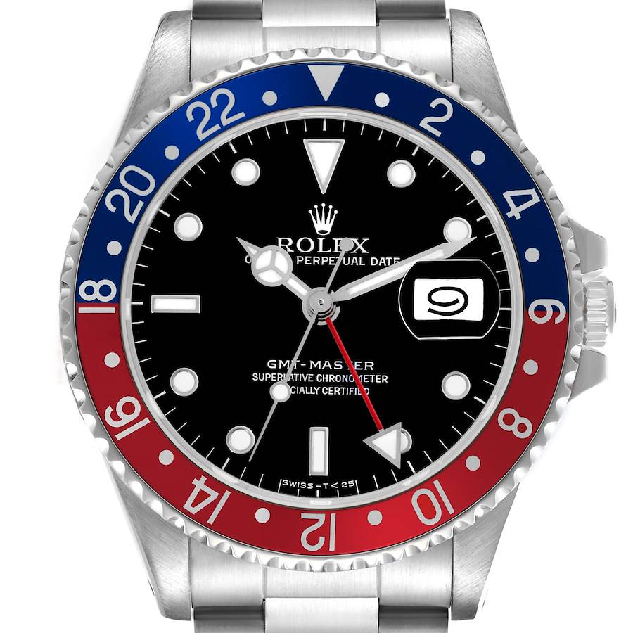 The image shows a Rolex GMT-Master watch face with a blue and red bezel and a date display, viewed from the front.