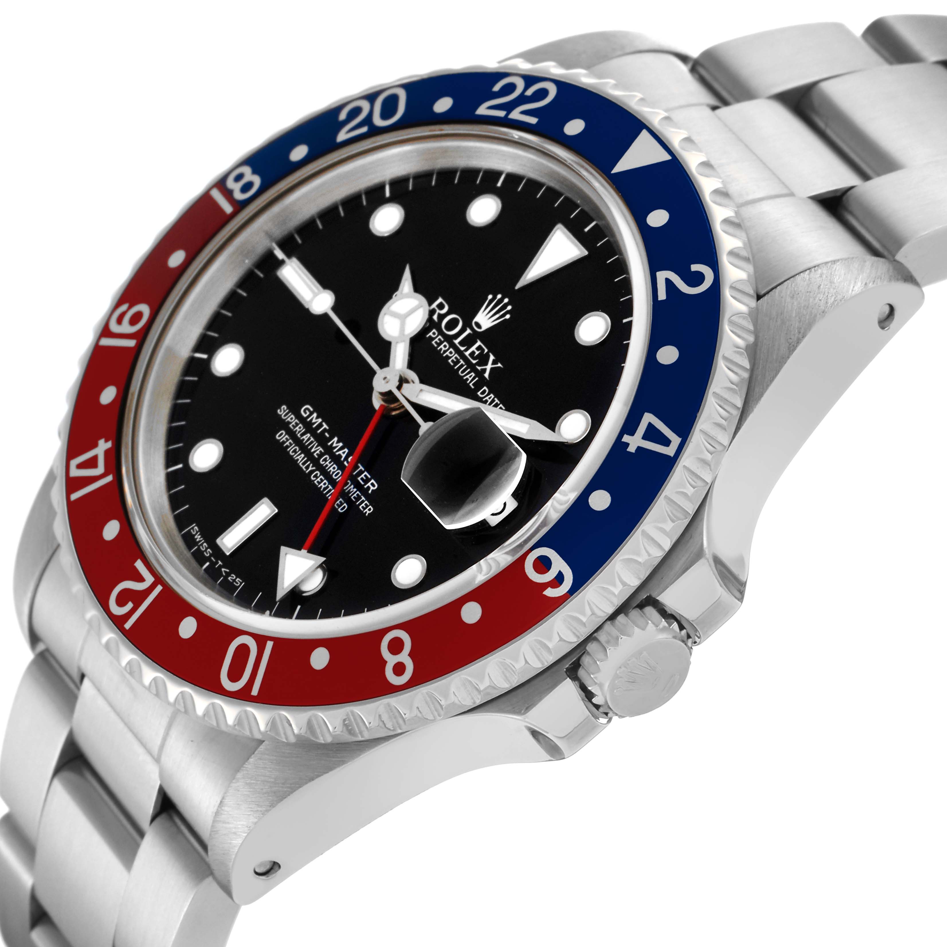 The Rolex GMT-Master 16700 Men's Stainless Steel Black Dial 16700 Men's Stainless Steel Black Dial watch is shown at an angled side view, highlighting the bezel, dial, crown, and part of the bracelet.