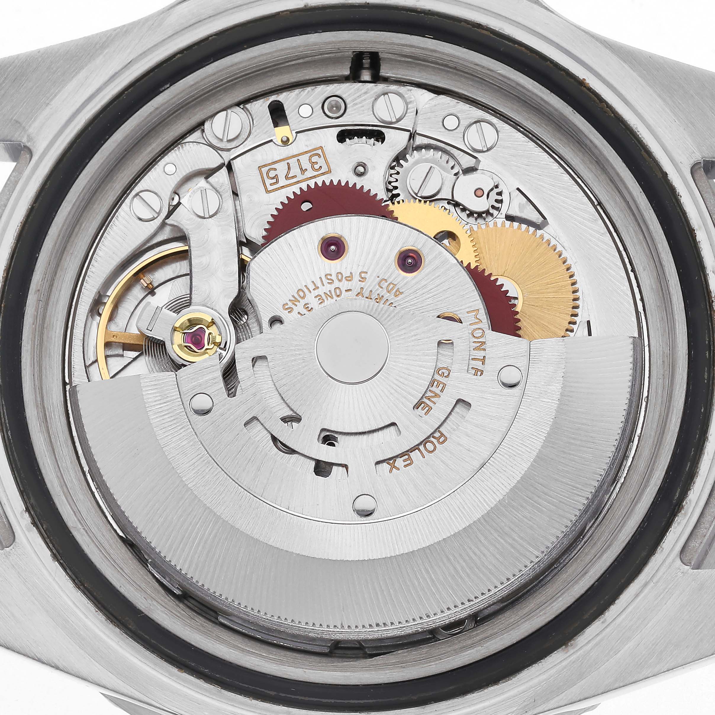 The image shows the back view of a Rolex GMT-Master 16700 Men's Stainless Steel Black Dial 16700 Men's Stainless Steel Black Dial, revealing its internal movement and gears.