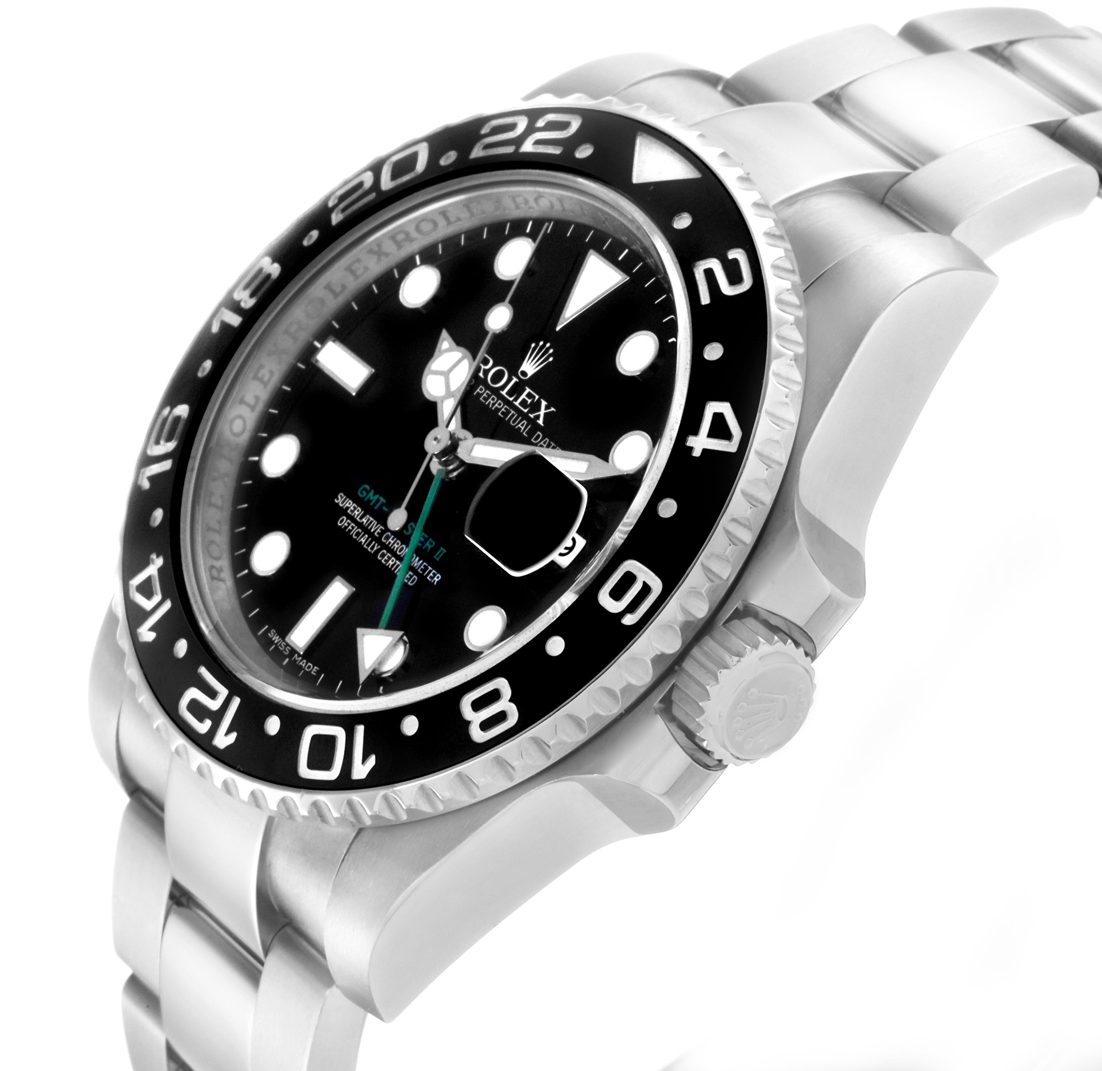 The image shows a tilted side view of the Rolex GMT-Master 116710 Men's Stainless Steel Black Dial 116710 Men's Stainless Steel Black Dial, highlighting the bezel, dial, crown, and part of the bracelet.
