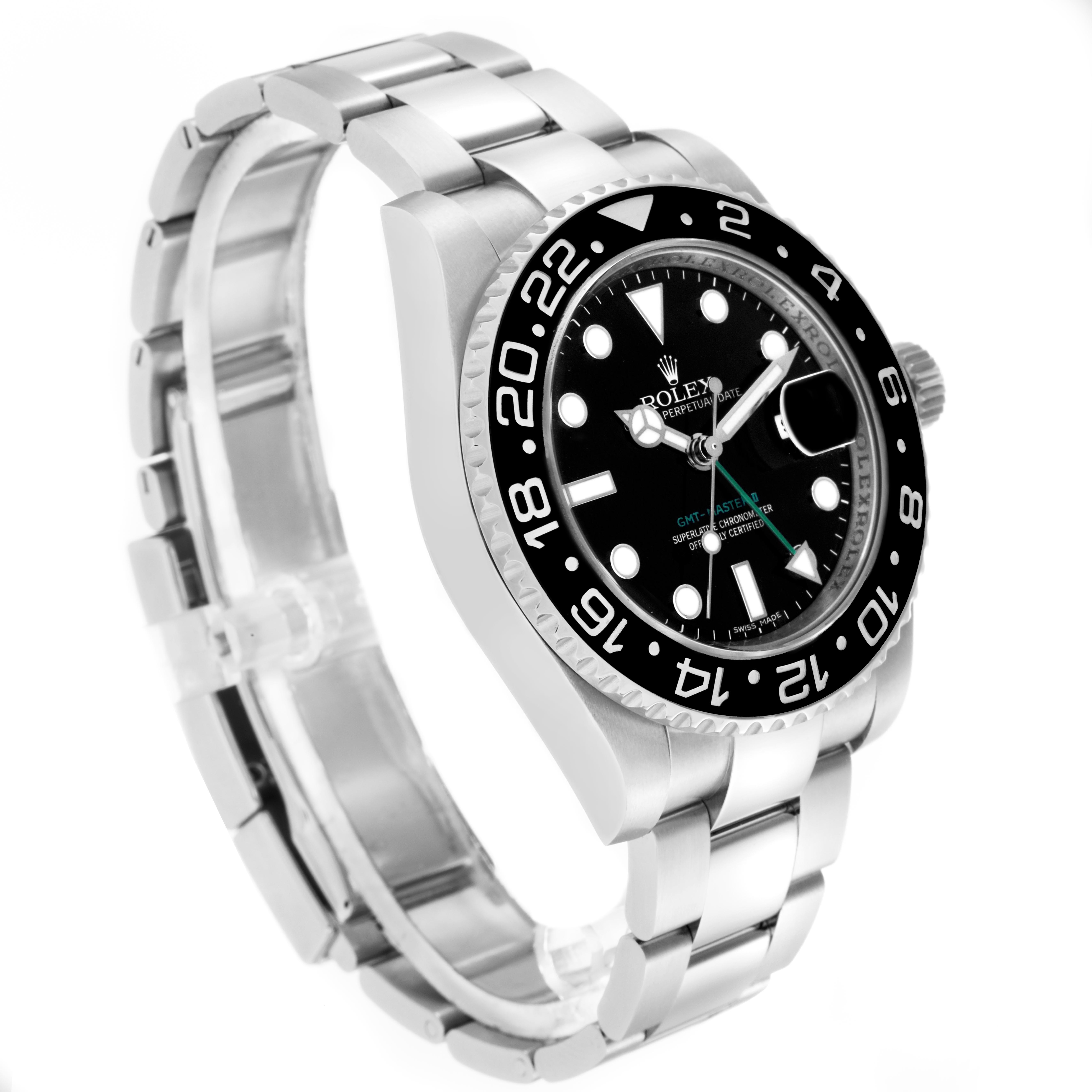 The Rolex GMT-Master 116710 Men's Stainless Steel Black Dial 116710 Men's Stainless Steel Black Dial watch is shown at a three-quarter angle, highlighting the bezel, dial, and stainless steel bracelet.