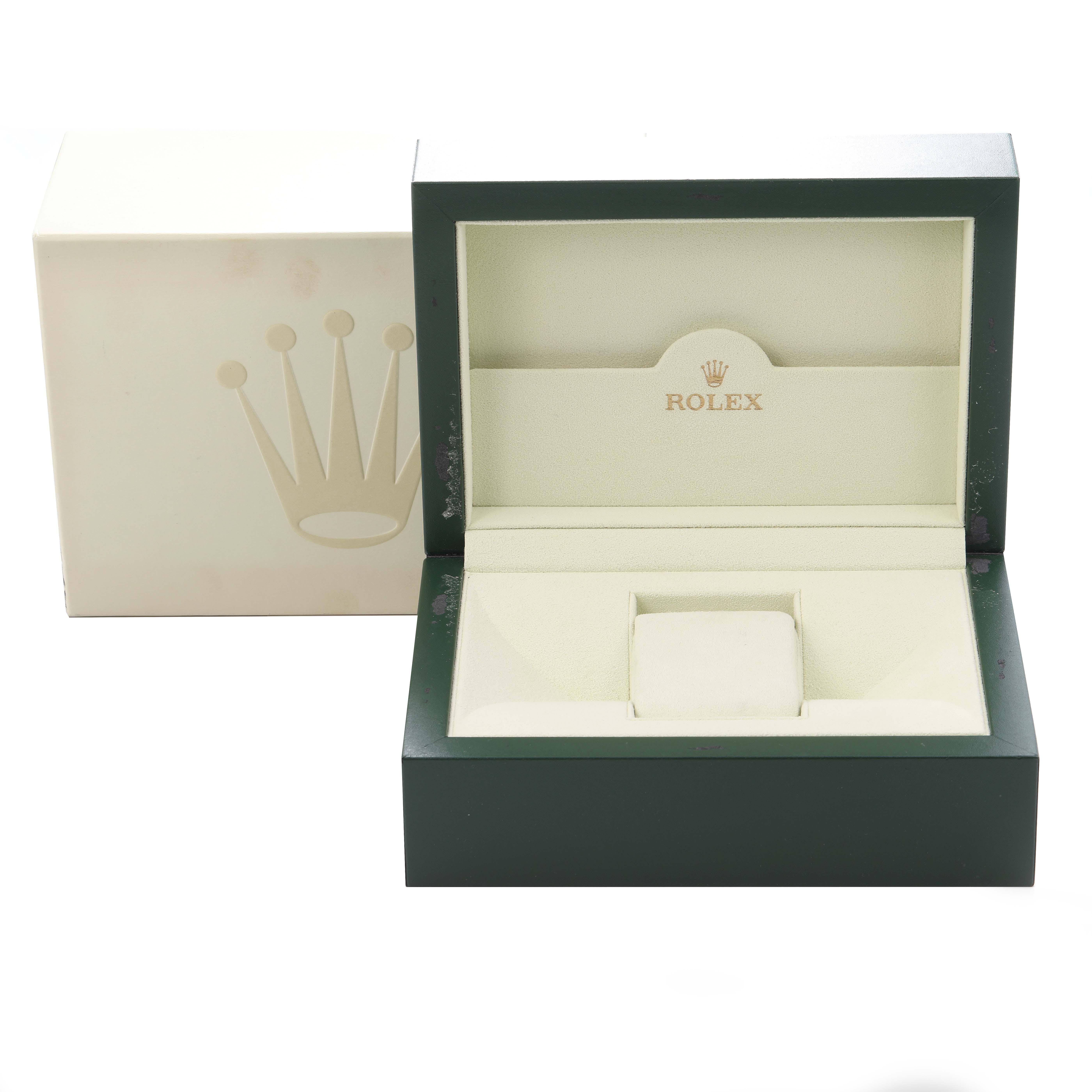 The image shows an open box for the Rolex GMT-Master 116710 Men's Stainless Steel Black Dial 116710 Men's Stainless Steel Black Dial watch, displaying the inner lining and a slot for the watch.