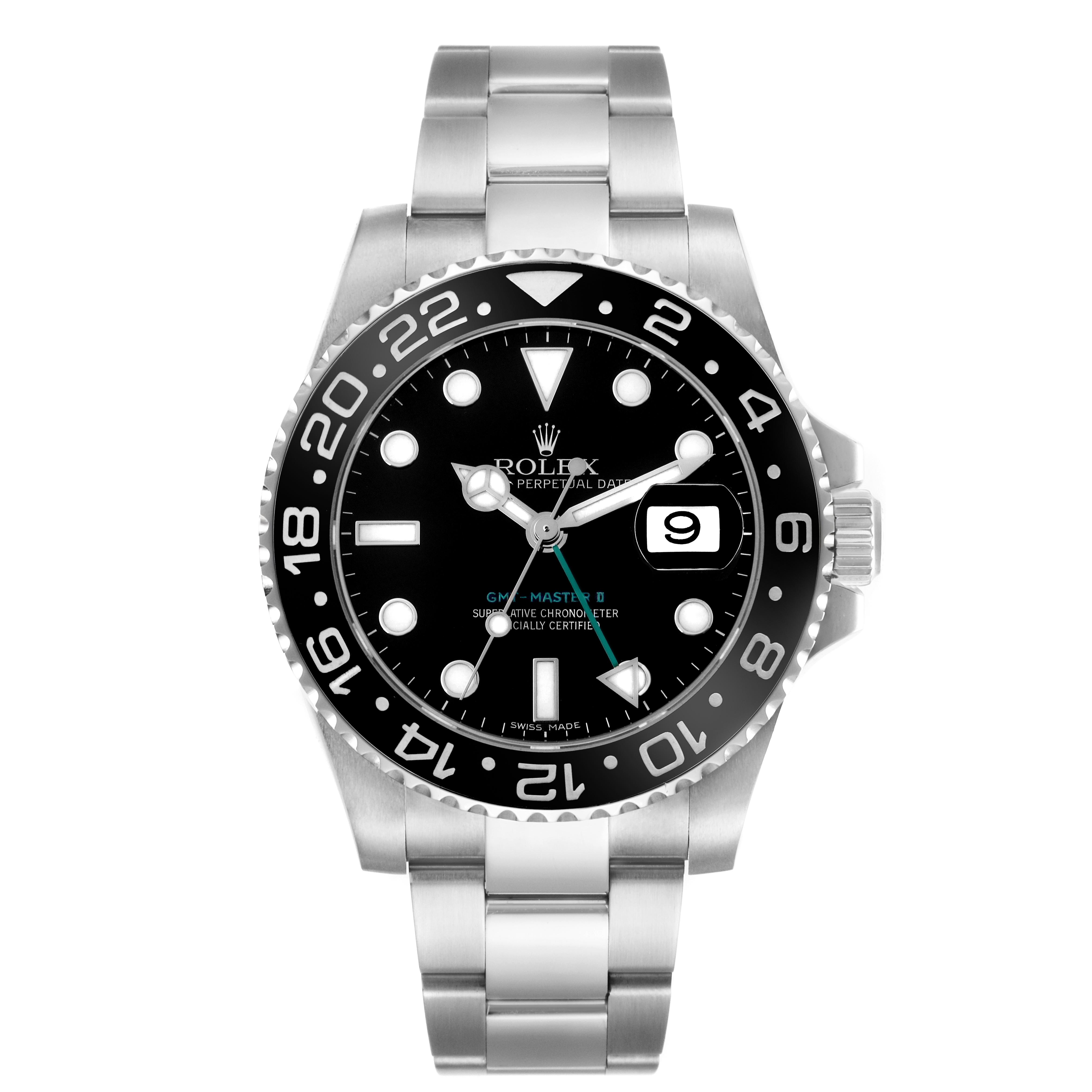 The Rolex GMT-Master 116710 Men's Stainless Steel Black Dial 116710 Men's Stainless Steel Black Dial watch is shown from the front, displaying the bezel, dial, hands, and bracelet.