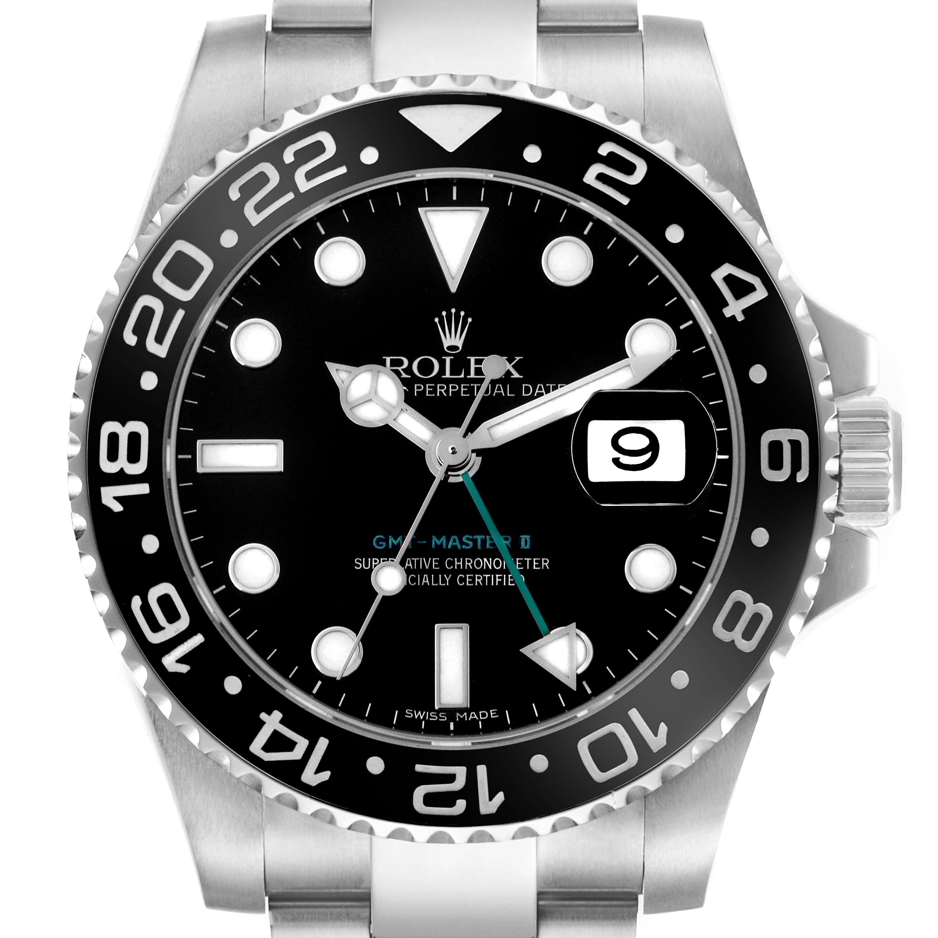 The Rolex GMT-Master 116710 Men's Stainless Steel Black Dial 116710 Men's Stainless Steel Black Dial watch is shown from a front angle, highlighting the bezel, hands, and date window.
