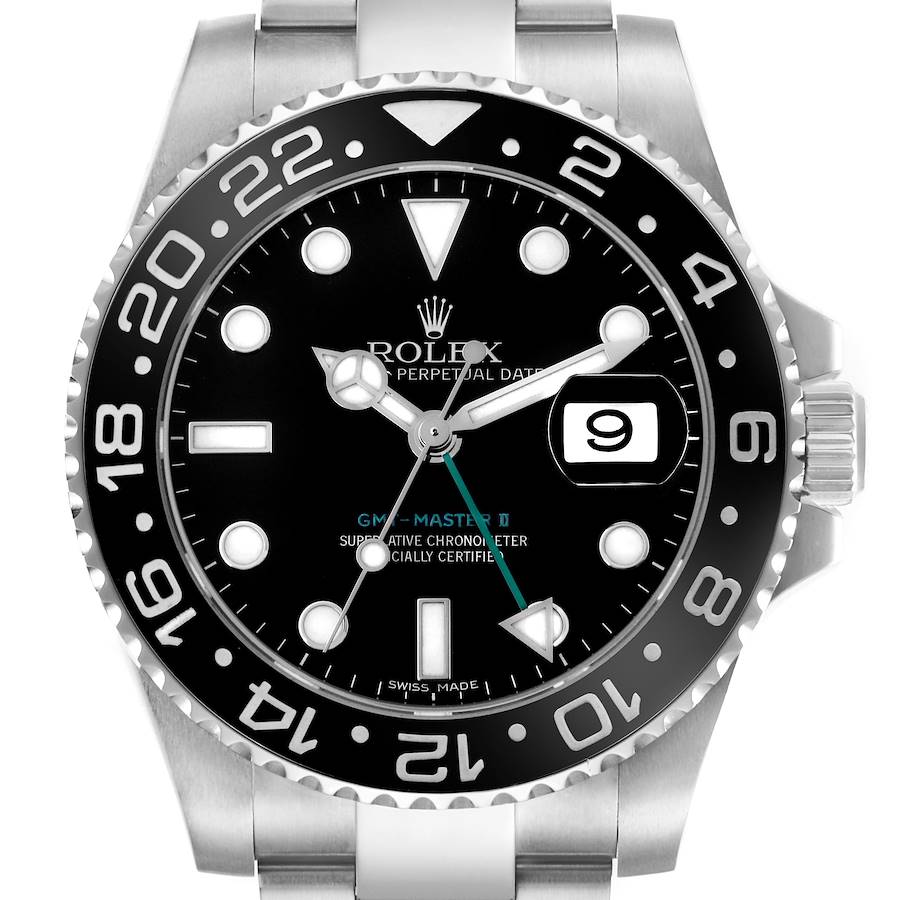The Rolex GMT-Master watch is shown from a front angle, highlighting the bezel, hands, and date window.