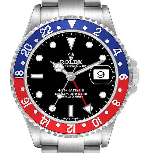 The Rolex GMT-Master 16710 Men's Stainless Steel Black Dial II watch is shown from the front, highlighting its bezel, dial, and bracelet.
