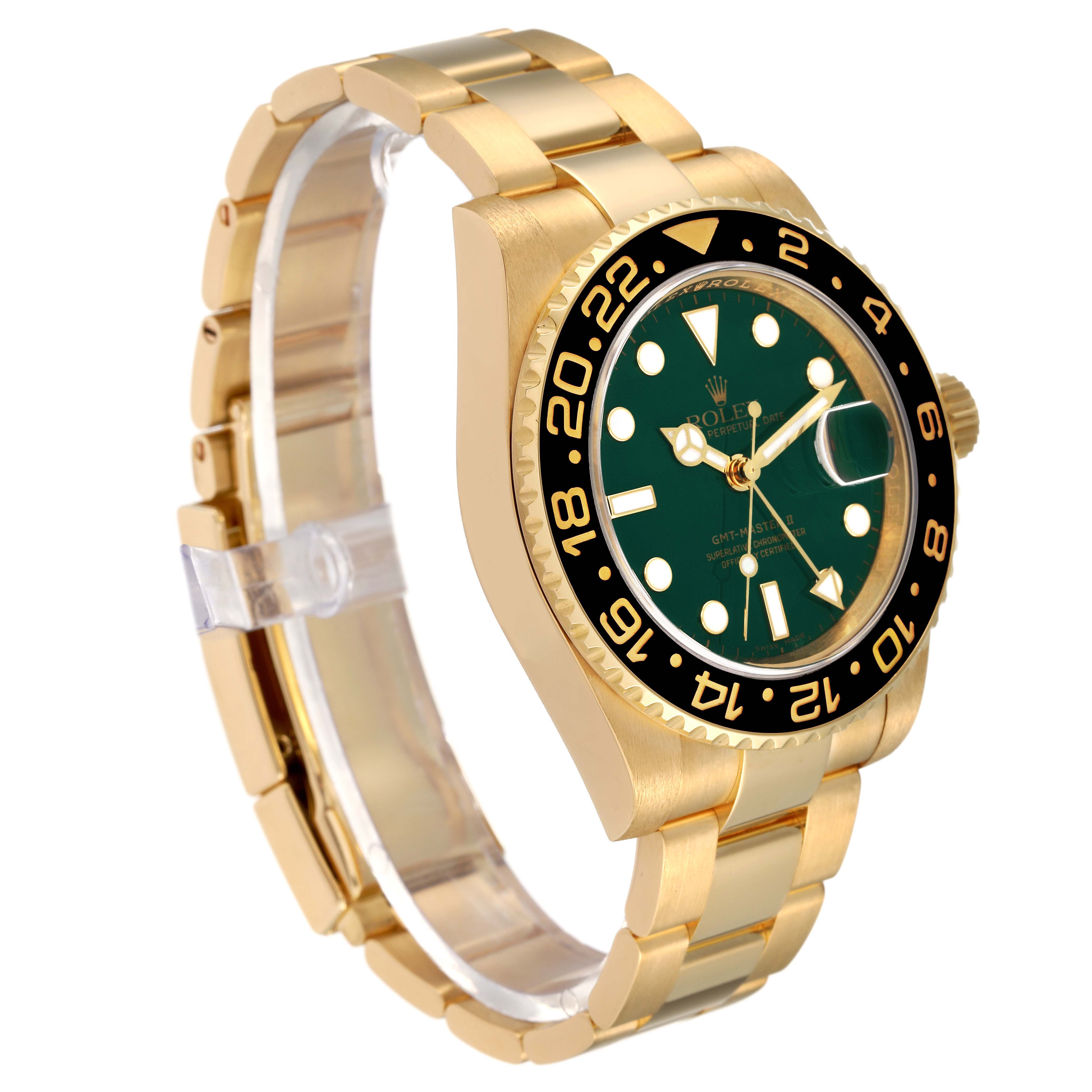 This image shows a Rolex GMT-Master 116718 Men's Yellow Gold Green Dial 116718 Men's Yellow Gold Green Dial watch from a side angle, highlighting its gold bracelet, green dial, and black bezel.