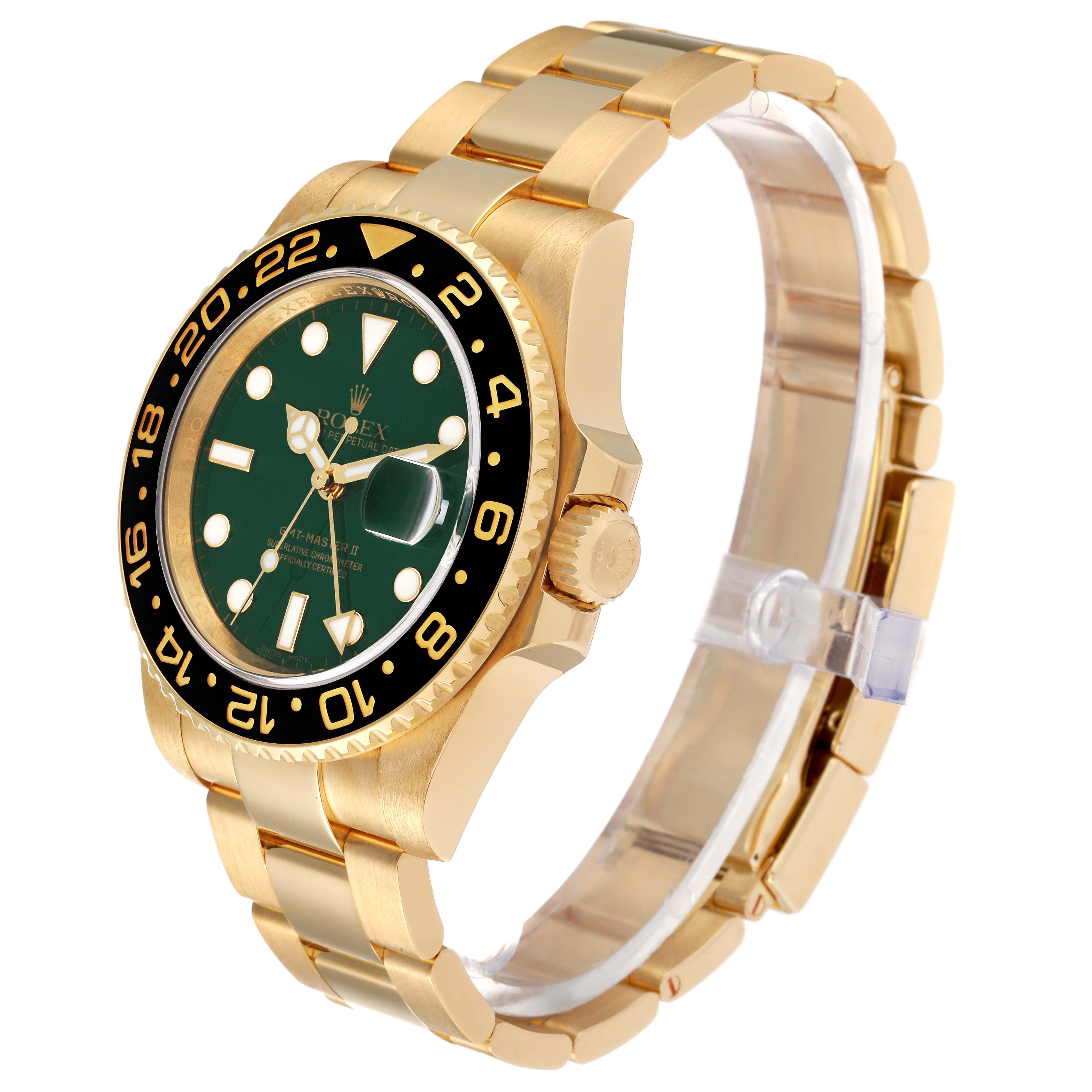 This image shows a Rolex GMT-Master 116718 Men's Yellow Gold Green Dial 116718 Men's Yellow Gold Green Dial watch at a three-quarter angle, highlighting its gold bracelet, bezel, crown, and green dial.