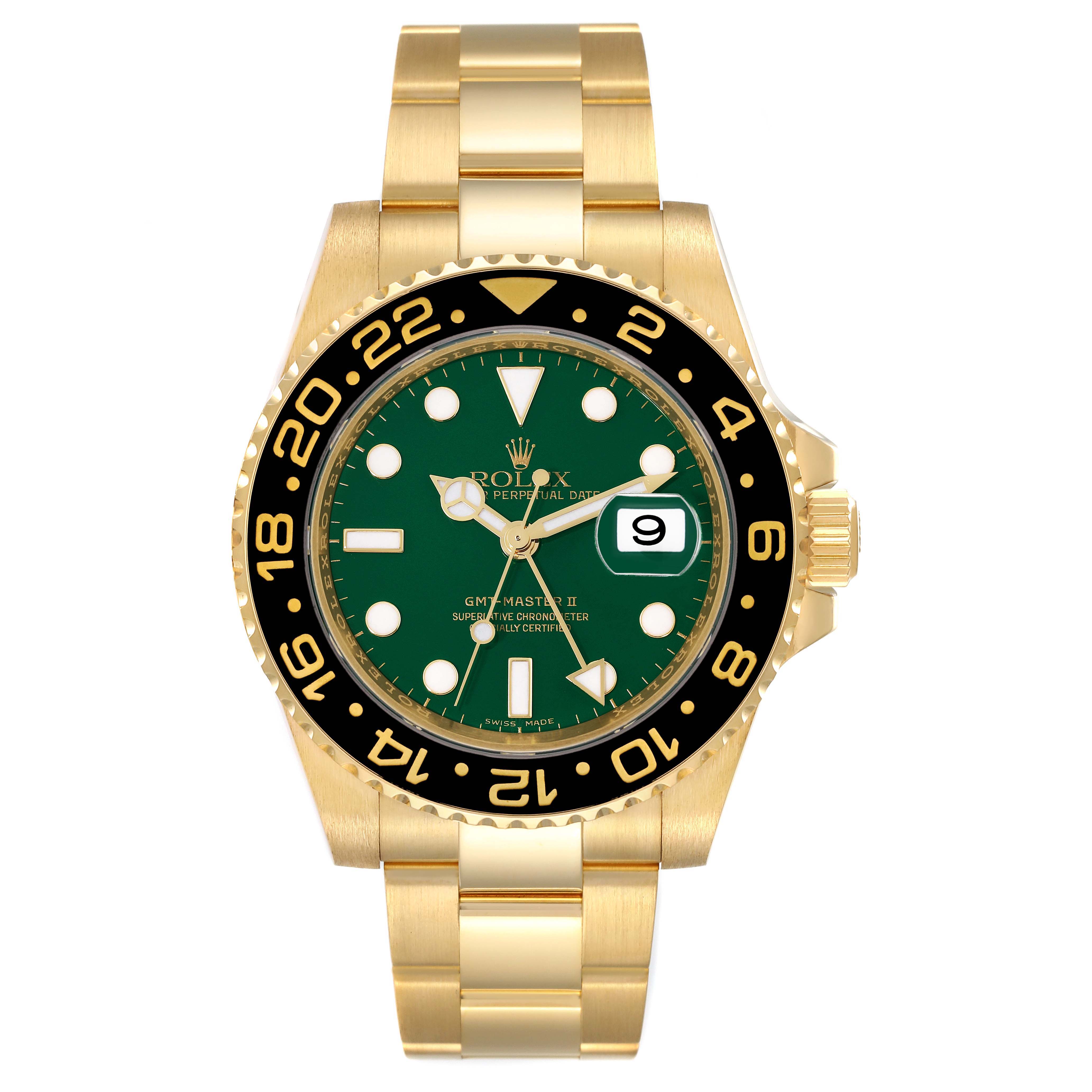 This image shows a front view of a Rolex GMT-Master 116718 Men's Yellow Gold Green Dial 116718 Men's Yellow Gold Green Dial II watch with a green dial and gold metal bracelet.